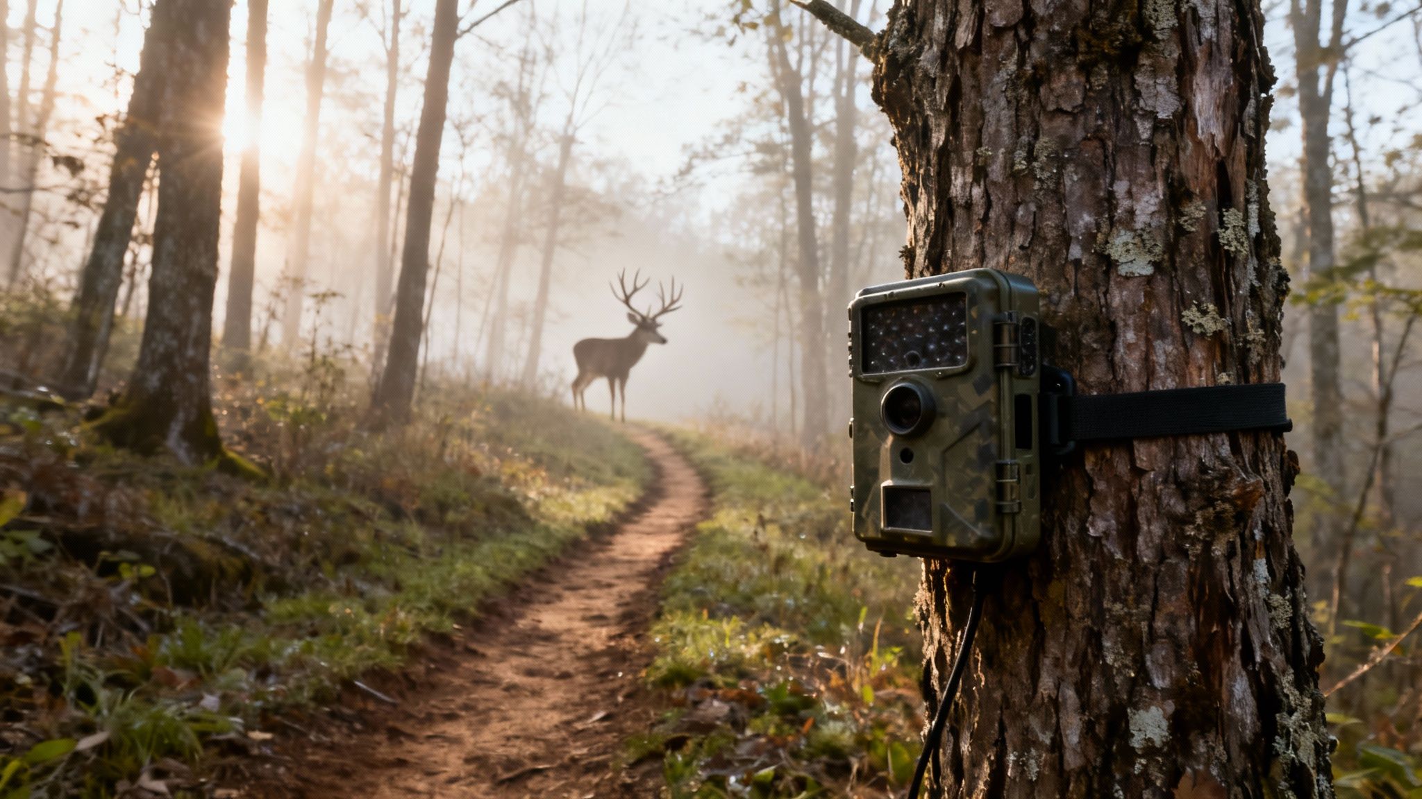 A trail camera strapped to a tree in a misty forest, with a deer on a path at sunrise.