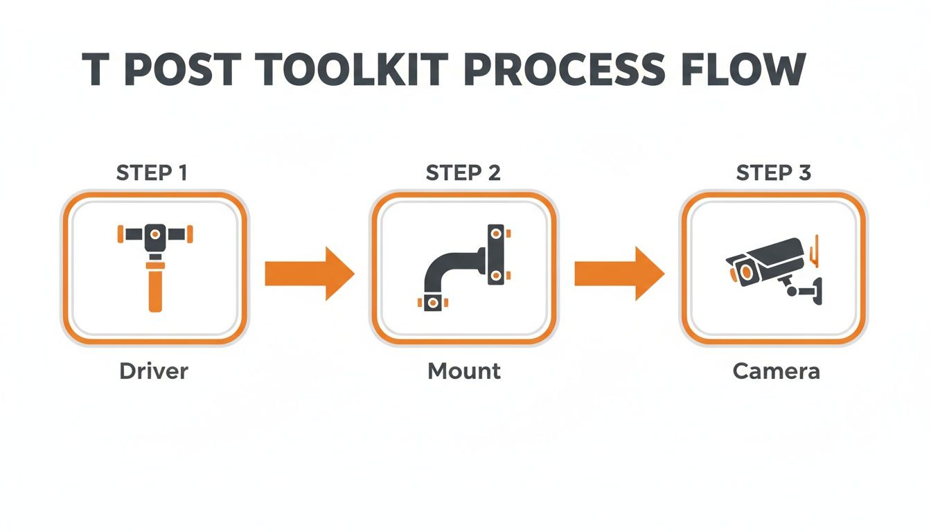 Process flow for installing a T-post camera mount, detailing steps for driver, mount, and camera.
