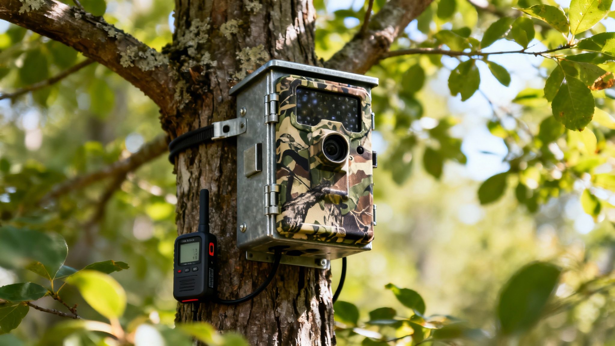 A camouflage trail camera in a metal security box, connected to a device, mounted on a tree.