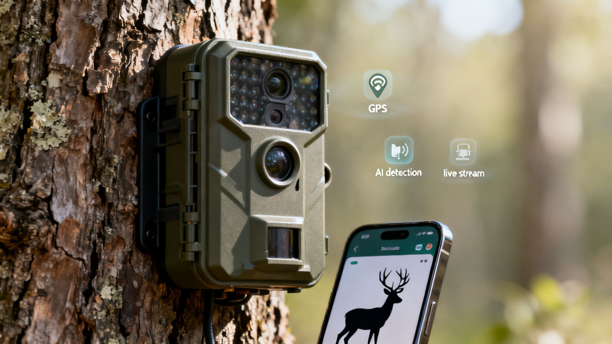 A trail camera mounted on a tree with a smartphone displaying a deer silhouette and feature icons.
