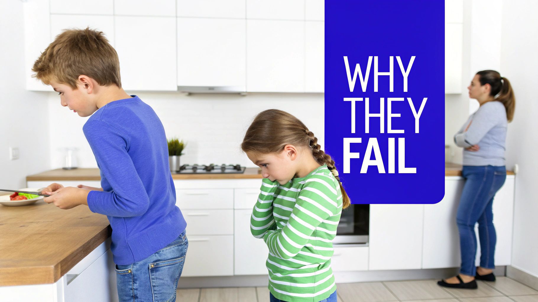 Two unhappy children in a kitchen, with a stern woman observing them, suggesting a chore struggle.