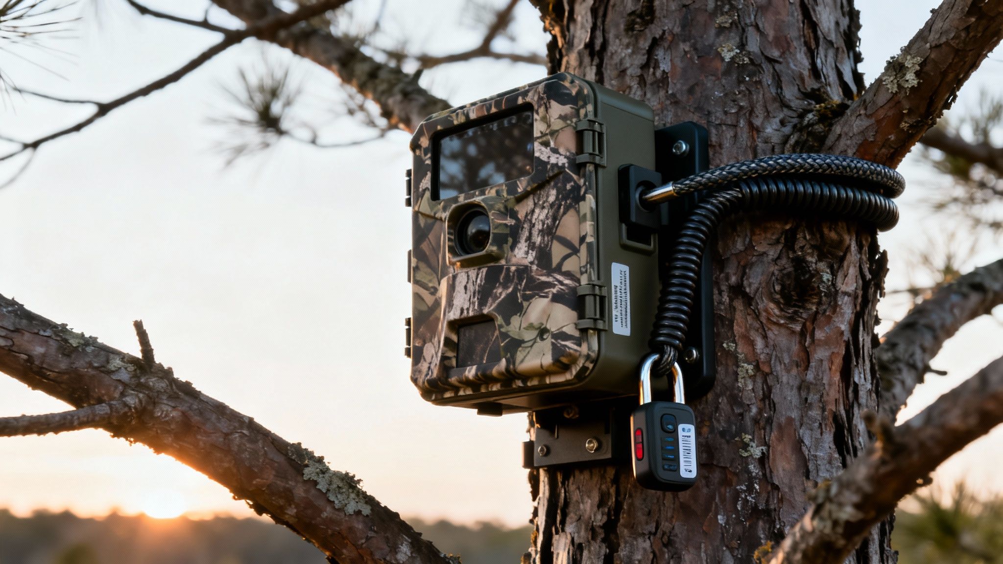 A camouflage trail camera is securely attached to a tree trunk with a black cable lock and padlock.