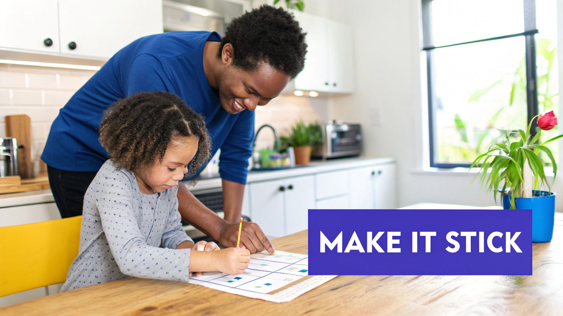 A smiling father and daughter work together on a chart at a bright kitchen table.