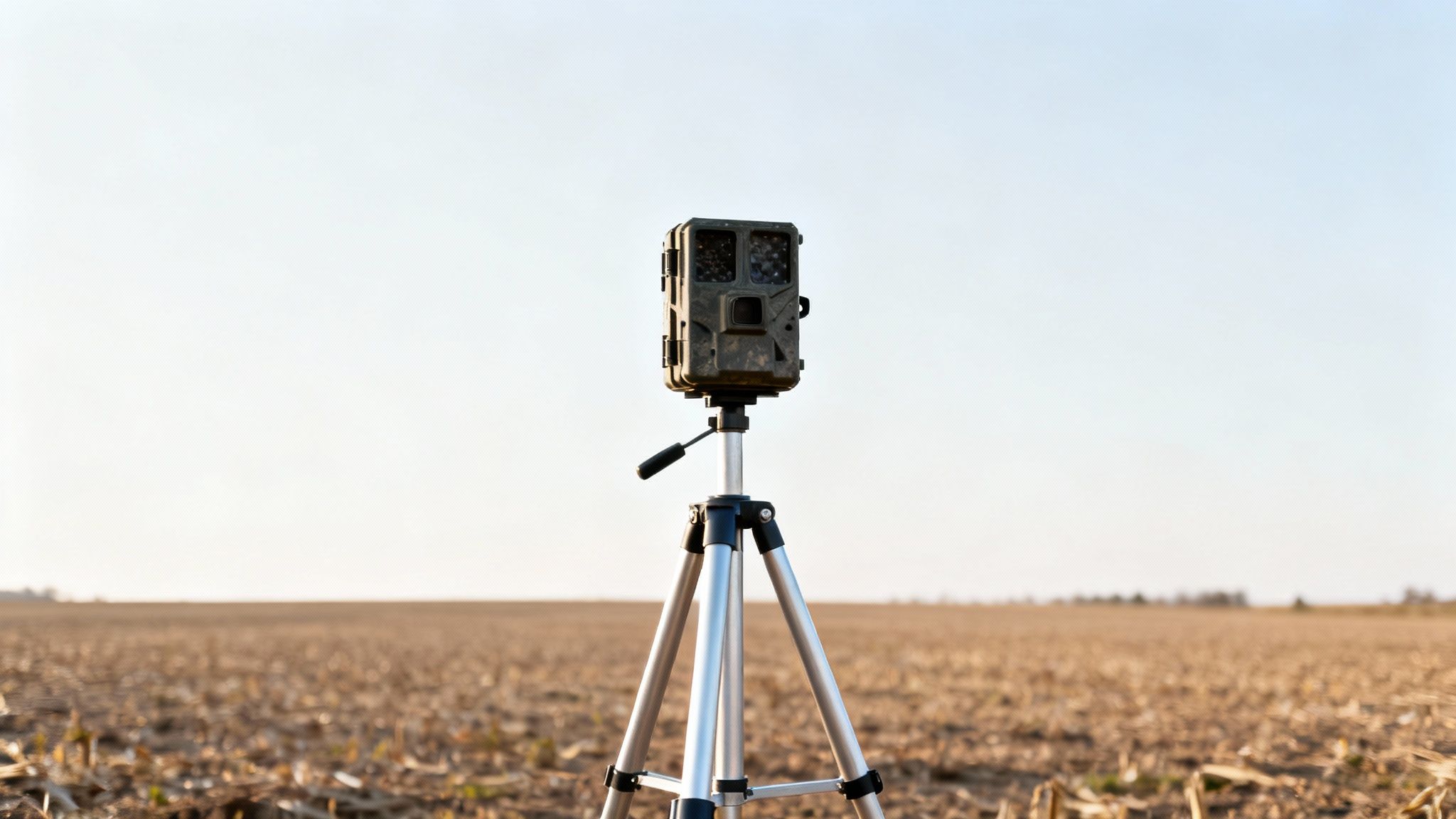 A camouflage trail camera on a tripod stands in a vast harvested field under a bright sky.
