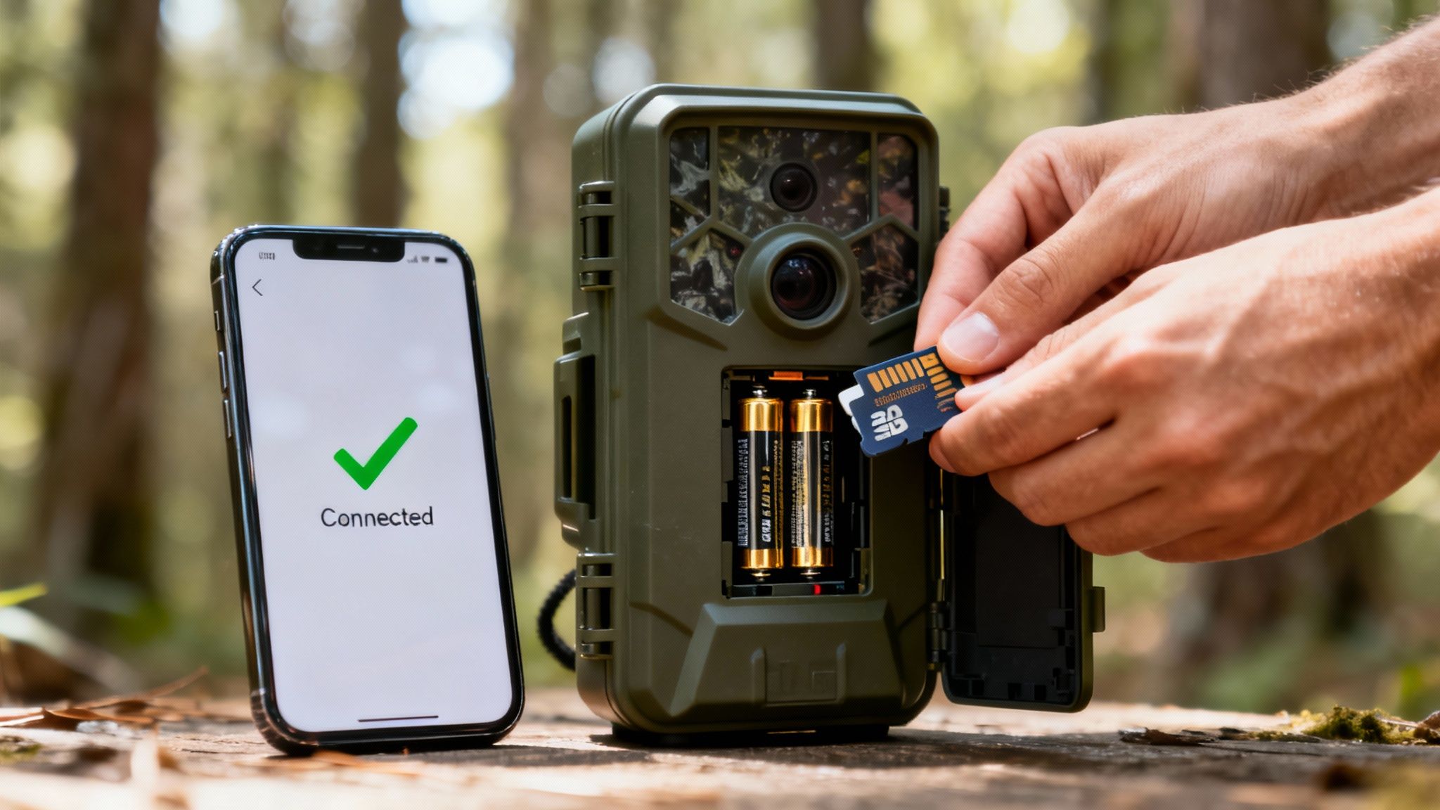 Hands inserting an SD card into a green trail camera, with a smartphone displaying 'Connected' nearby.