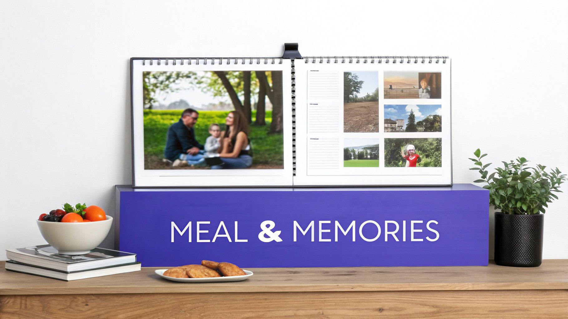 Open spiral calendar on a purple stand displays family photos and notes, with fruit, cookies, and a plant.