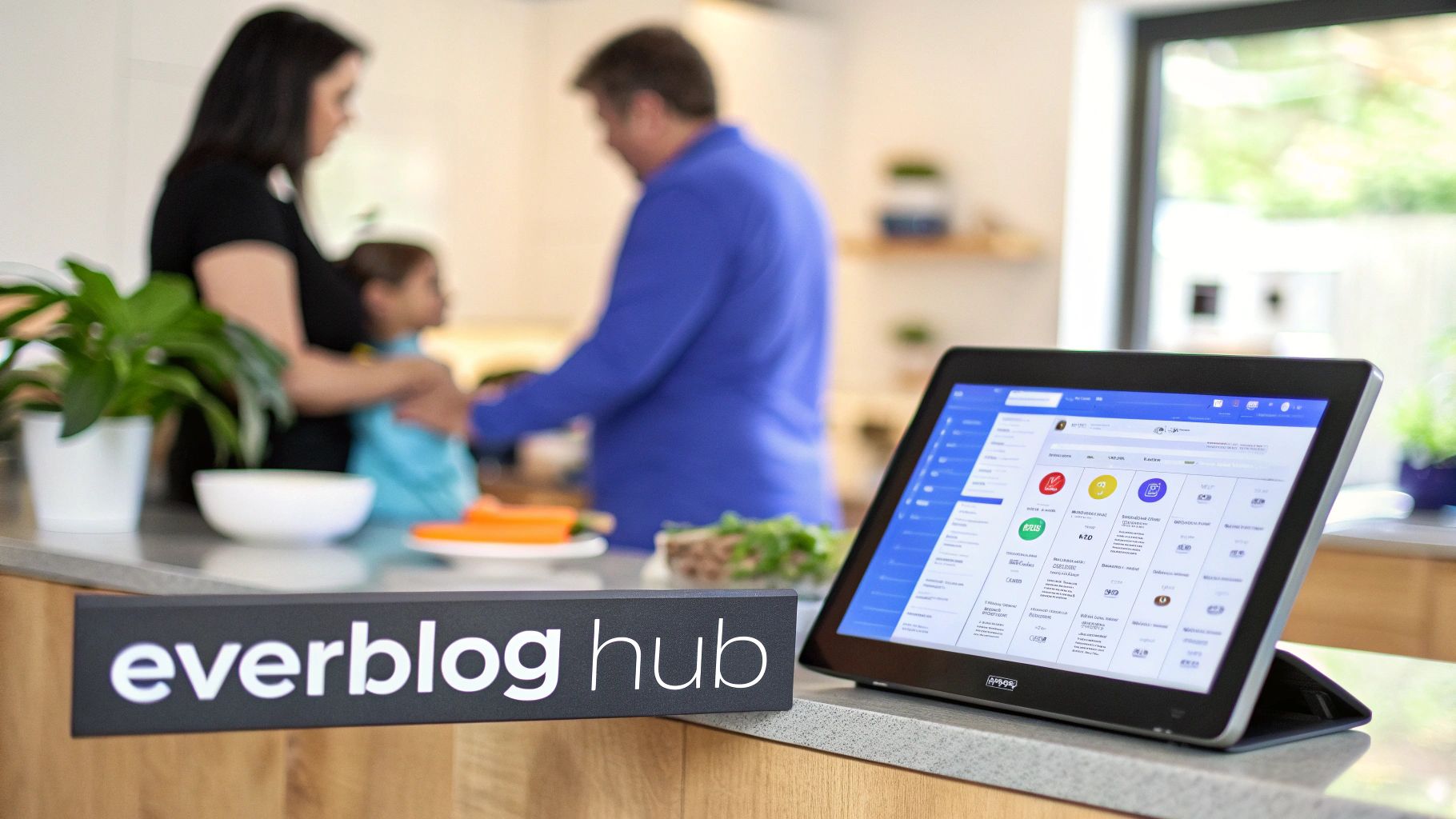 Family in kitchen with tablet displaying a home management dashboard and 'everblog hub' sign.