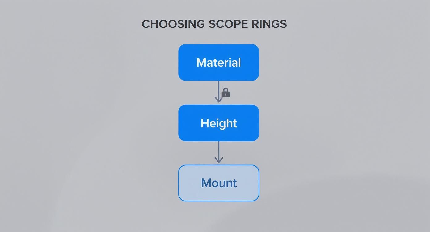 A flowchart titled 'Choosing Scope Rings' with steps: Material, Height, and Mount, showing a selection process.