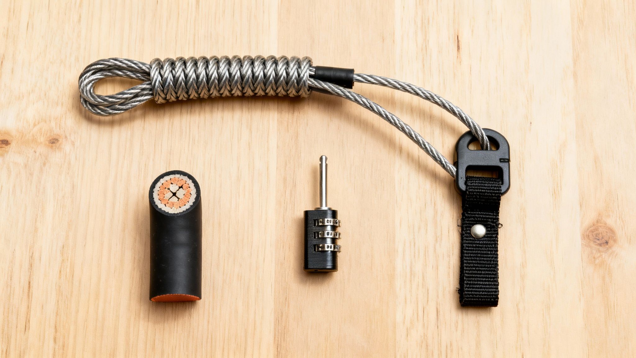 Trail camera security cable lock with combination lock and wire components on wooden surface