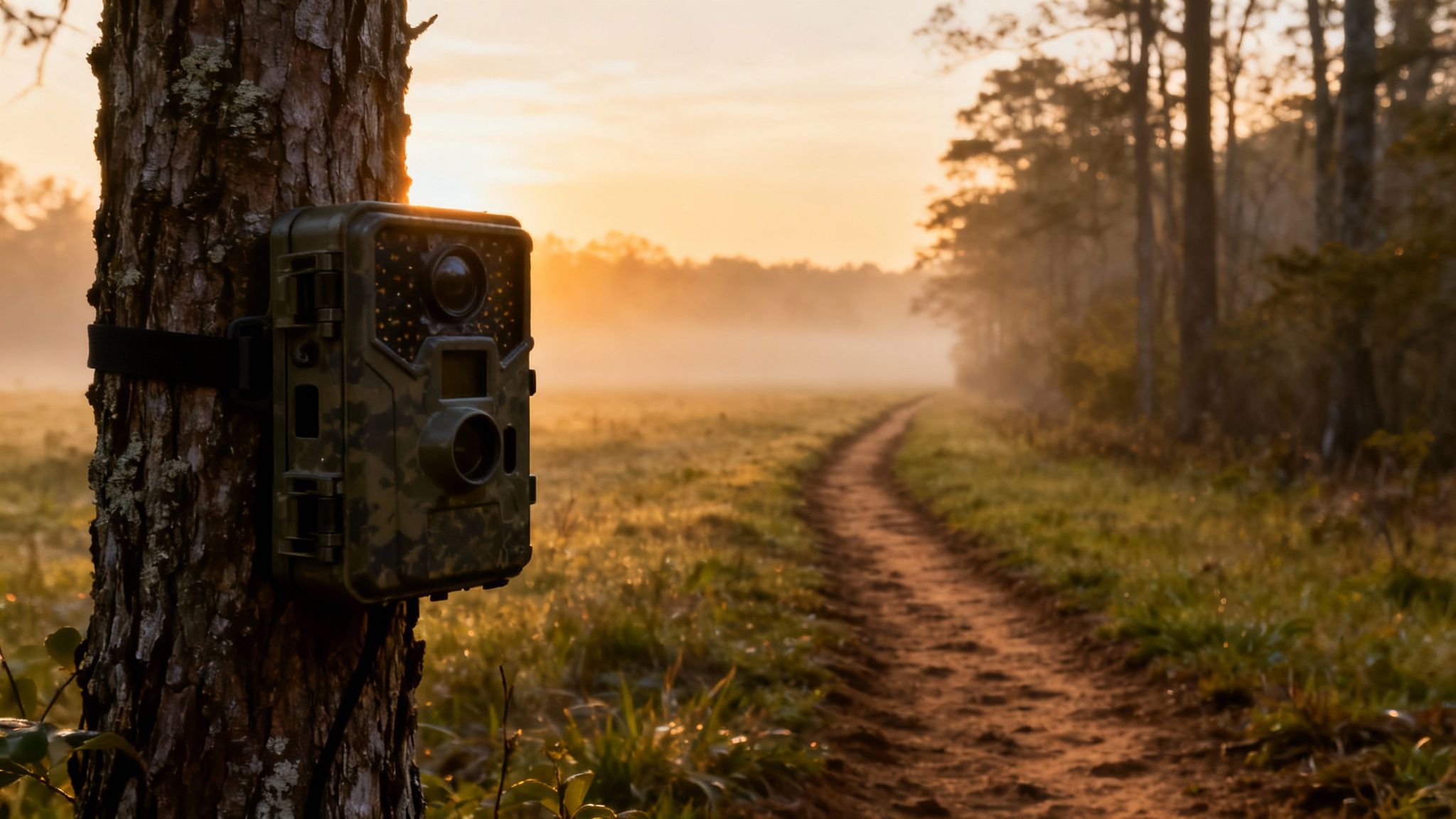 A camouflage trail camera strapped to a tree in a misty forest at sunrise or sunset.