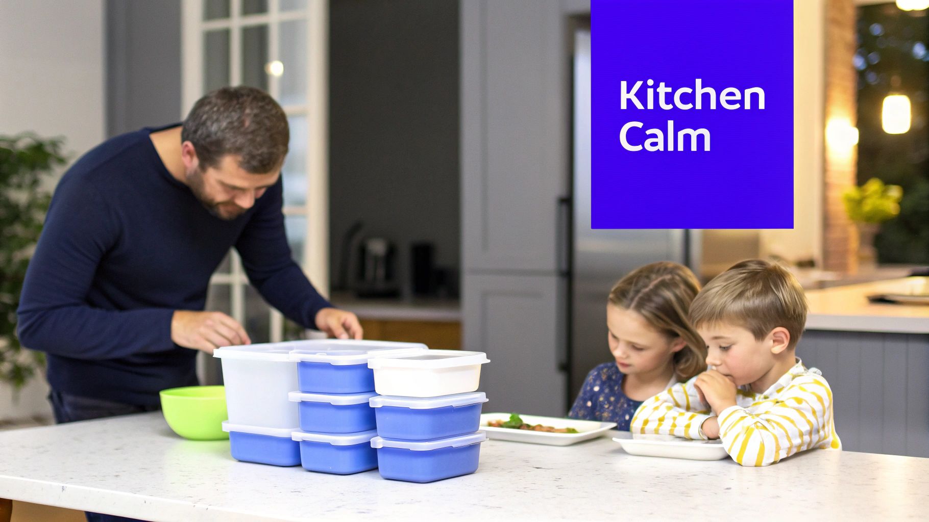 A man in a kitchen prepares meals with blue and white food containers, while two children sit at the counter.