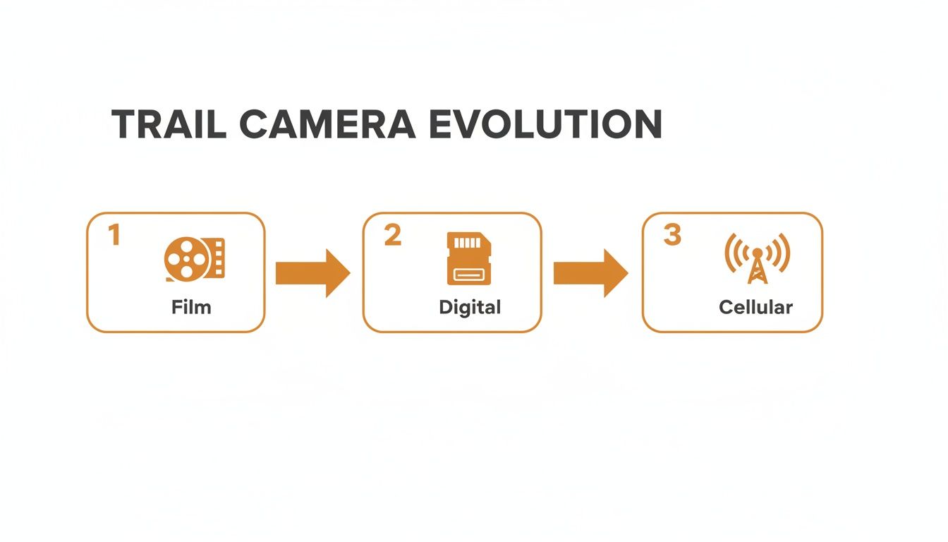 A diagram illustrating the evolution of trail cameras from film to digital and cellular technology.