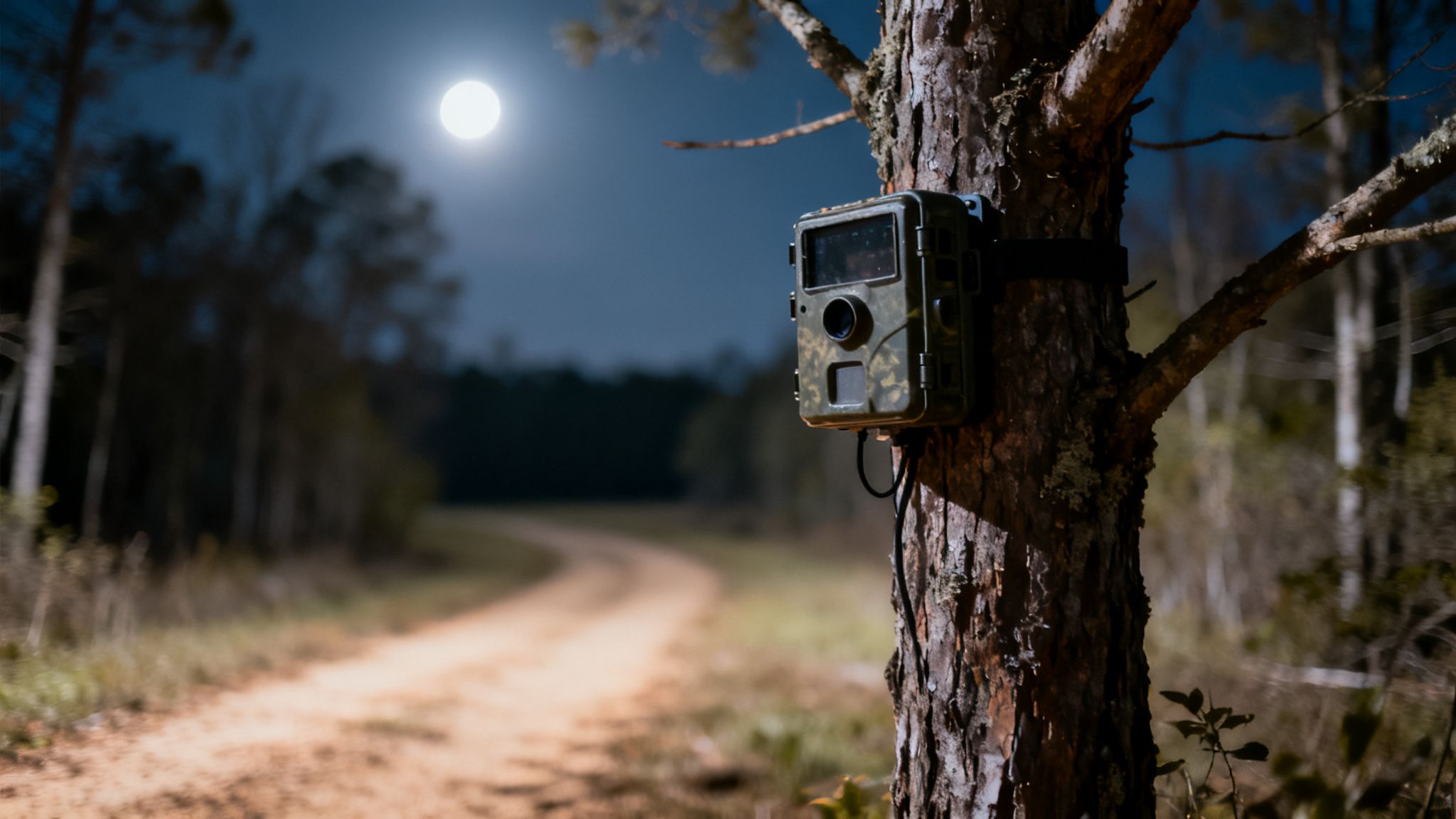 Camo trail camera on a tree trunk at night with a bright full moon and dirt road.