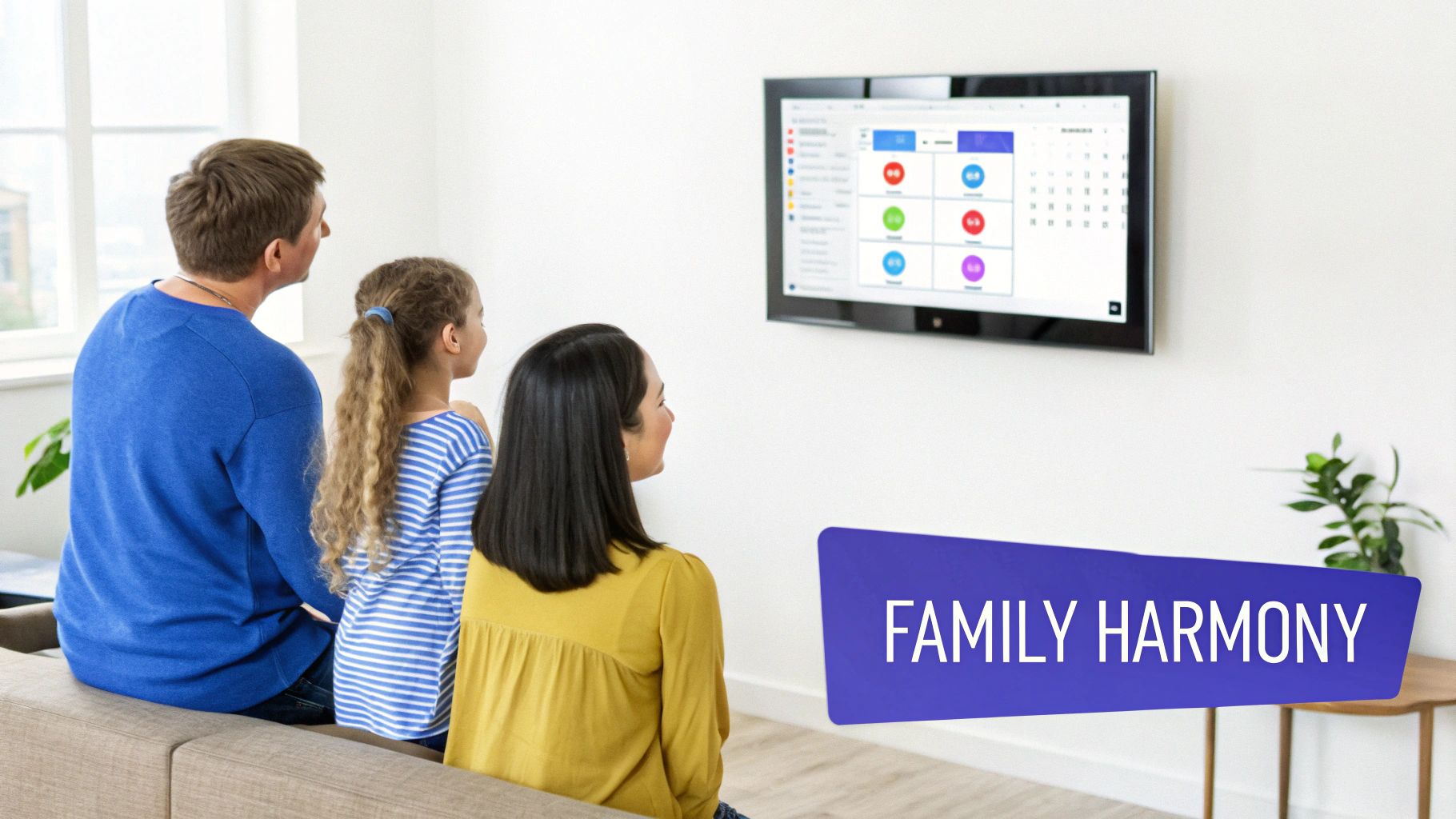 A family sits on a couch, looking at a wall-mounted TV displaying a shared digital calendar app.