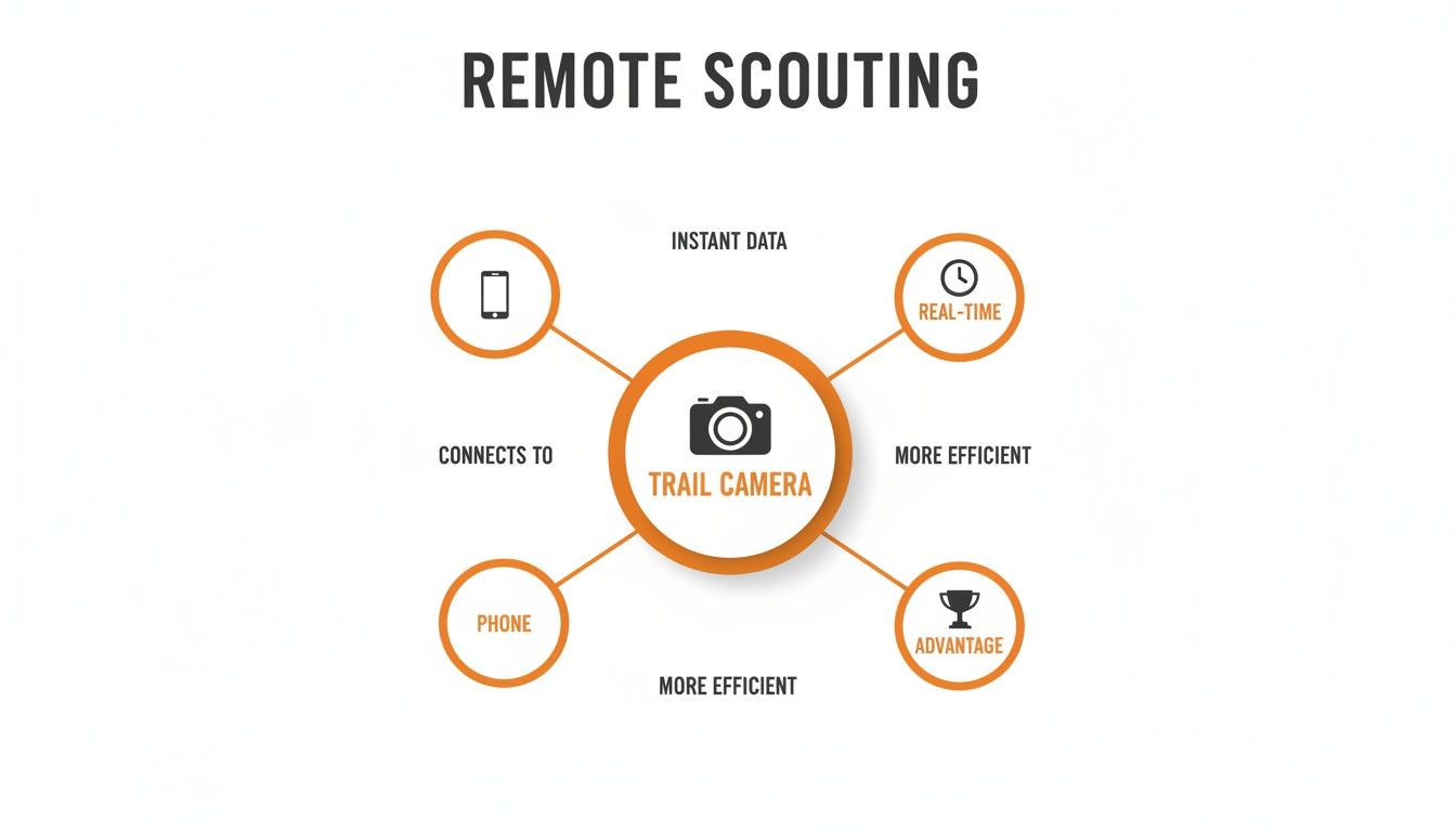 Diagram illustrating how a trail camera connects to a phone for instant, real-time data and efficient remote scouting.