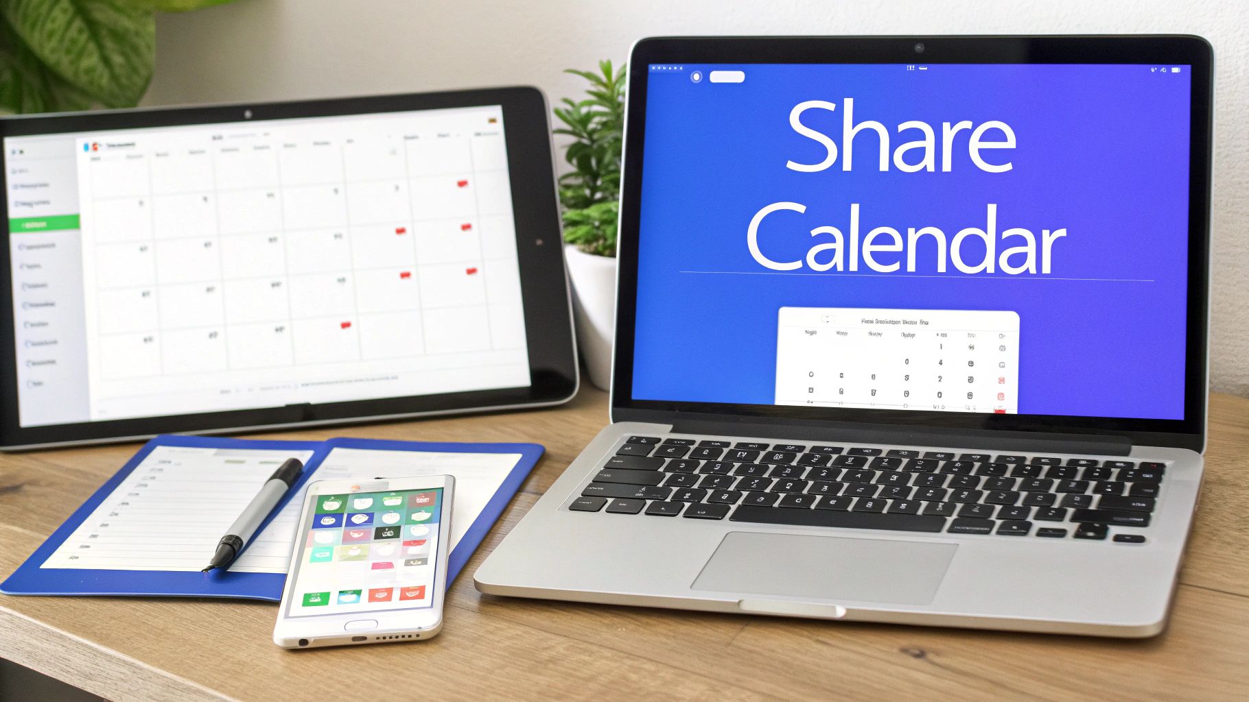 A desk with a laptop displaying "Share Calendar", a tablet showing a calendar, and a smartphone.