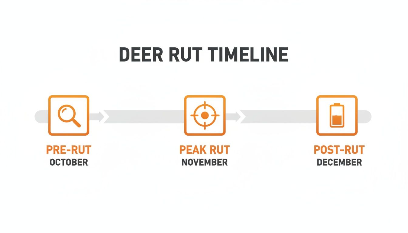 Deer rut timeline infographic showing three stages: Pre-rut (October), Peak rut (November), Post-rut (December).