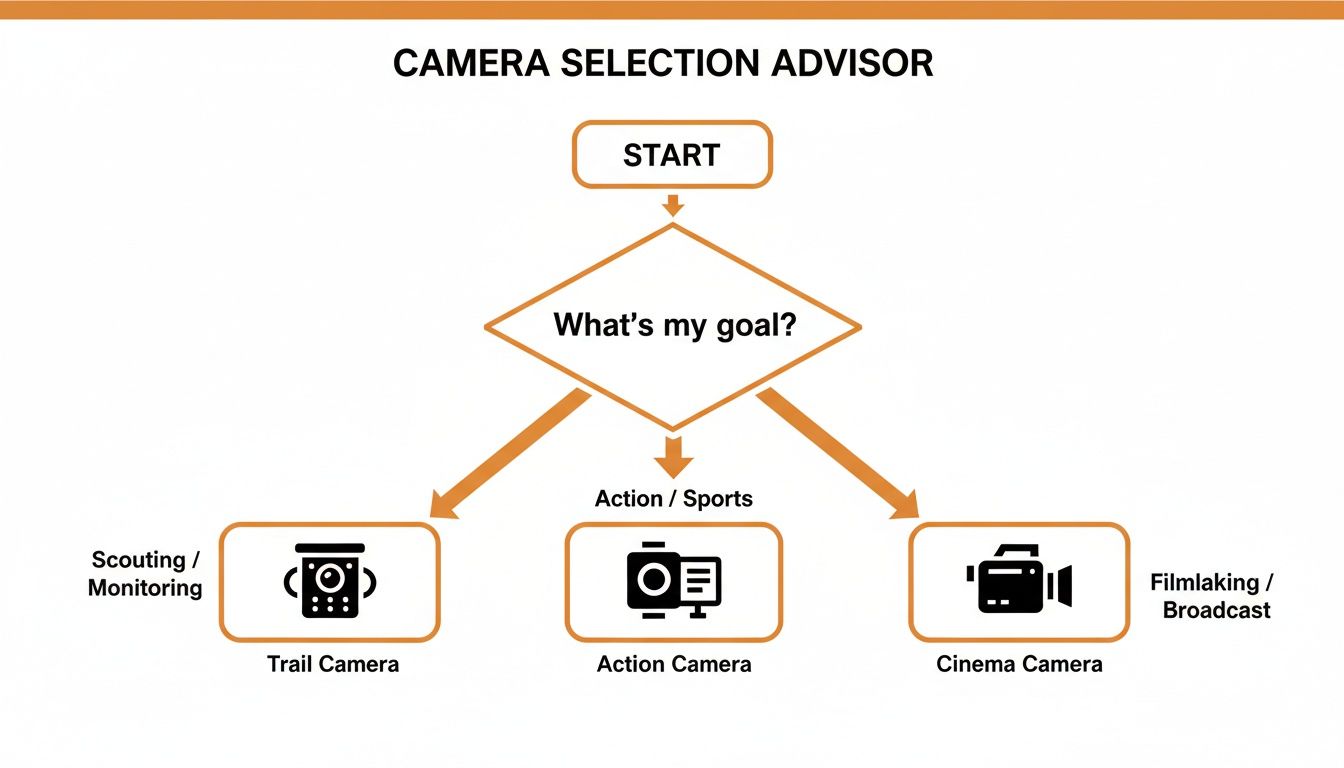 Flowchart for camera selection, guiding users to trail, action, or cinema cameras based on their goal.