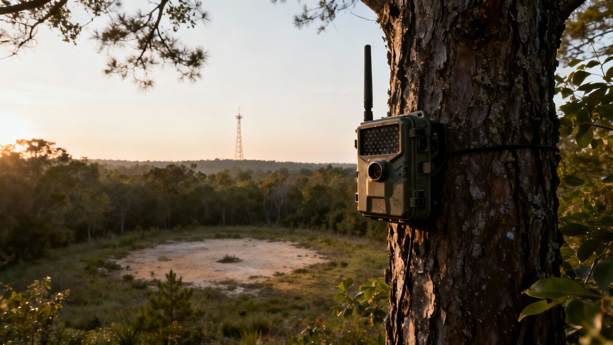 A trail camera is strapped to a tree, overlooking a forest and a field at sunset.