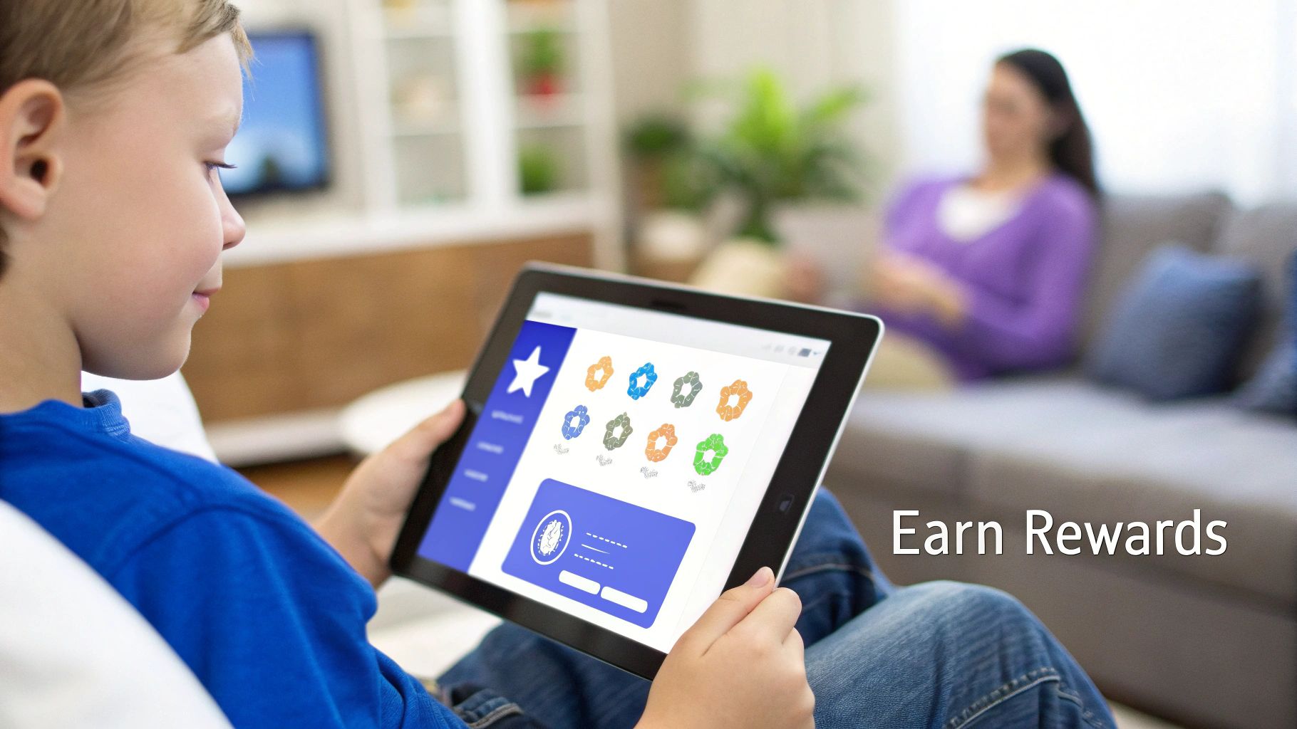 A young boy smiles while using an electronic chore chart app on a tablet to earn rewards.