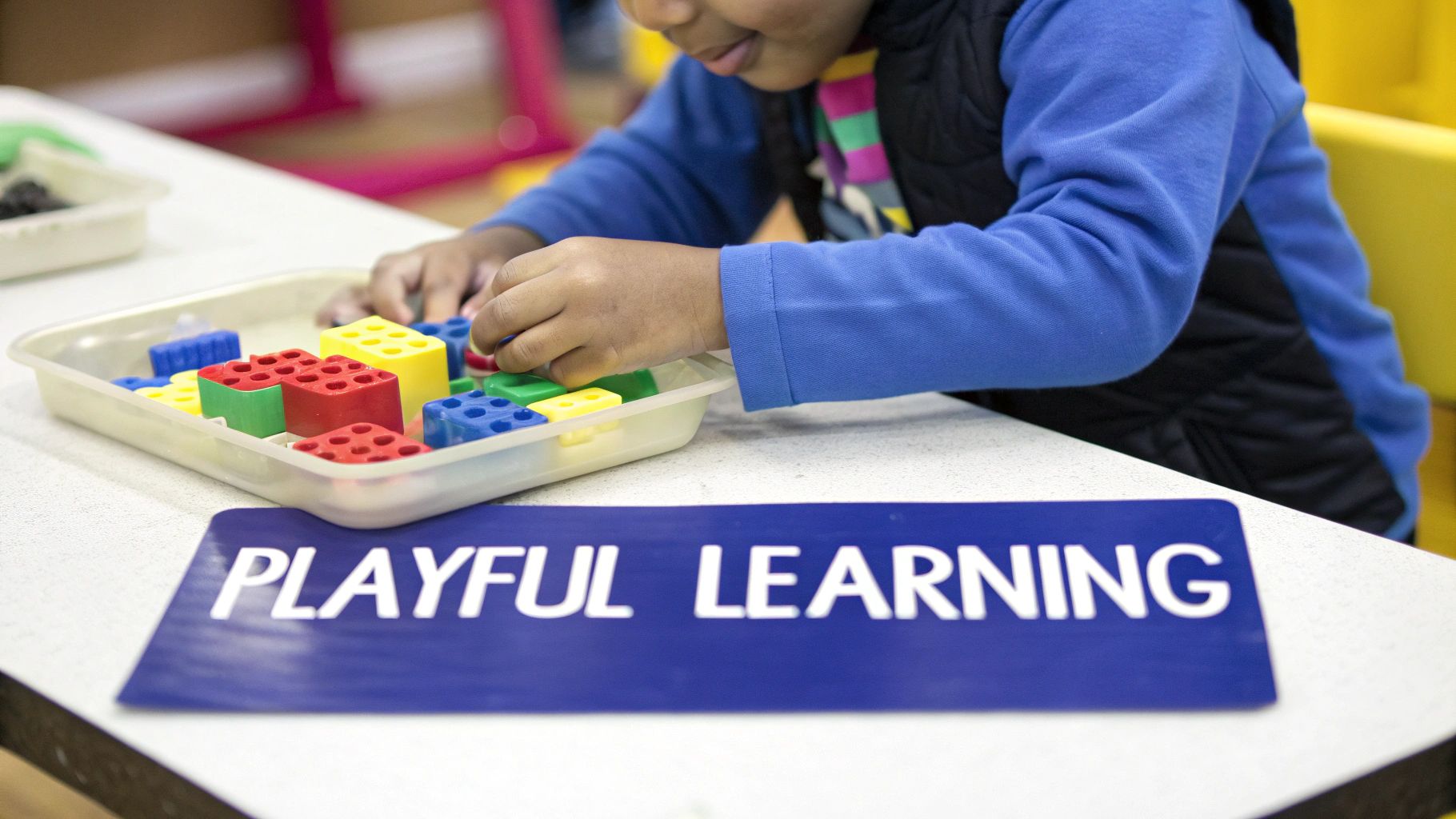 Child's hands play with colorful building blocks in a tray, next to a 'PLAYFUL LEARNING' sign.