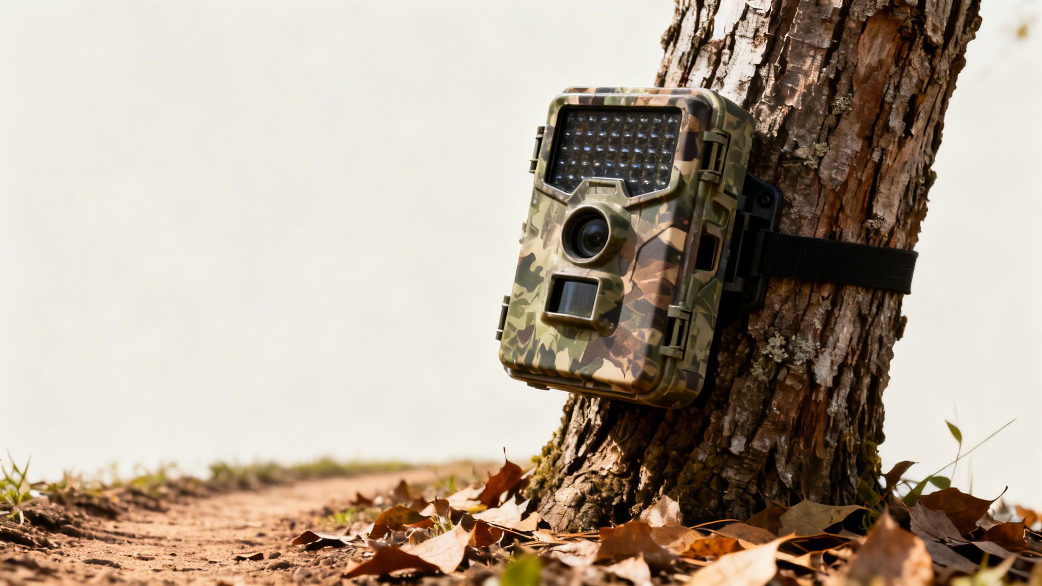A camouflage trail camera is strapped to a tree trunk beside a dirt path with fallen leaves.