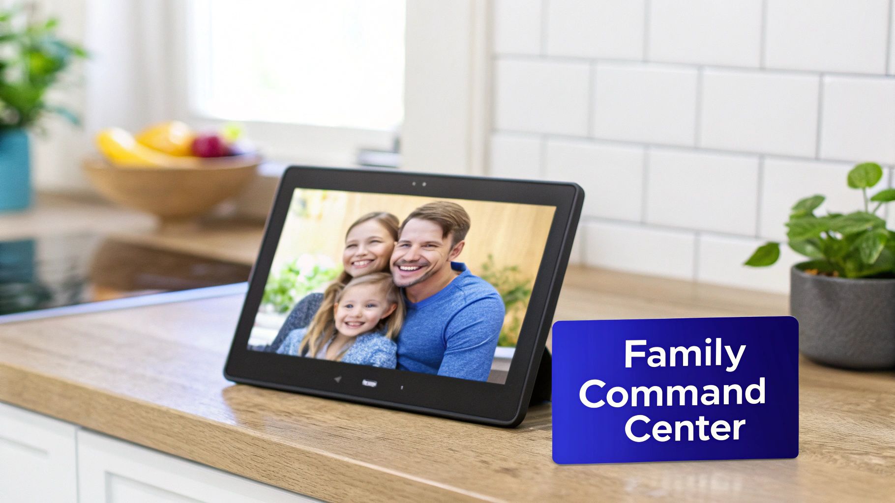 A digital photo frame displays a smiling family photo on a kitchen counter next to a 'Family Command Center' sign.
