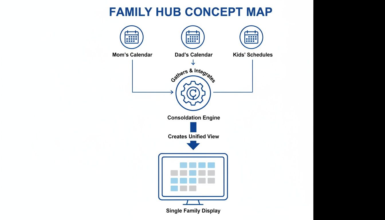 Concept map illustrating how multiple family calendars are consolidated into a single digital display.
