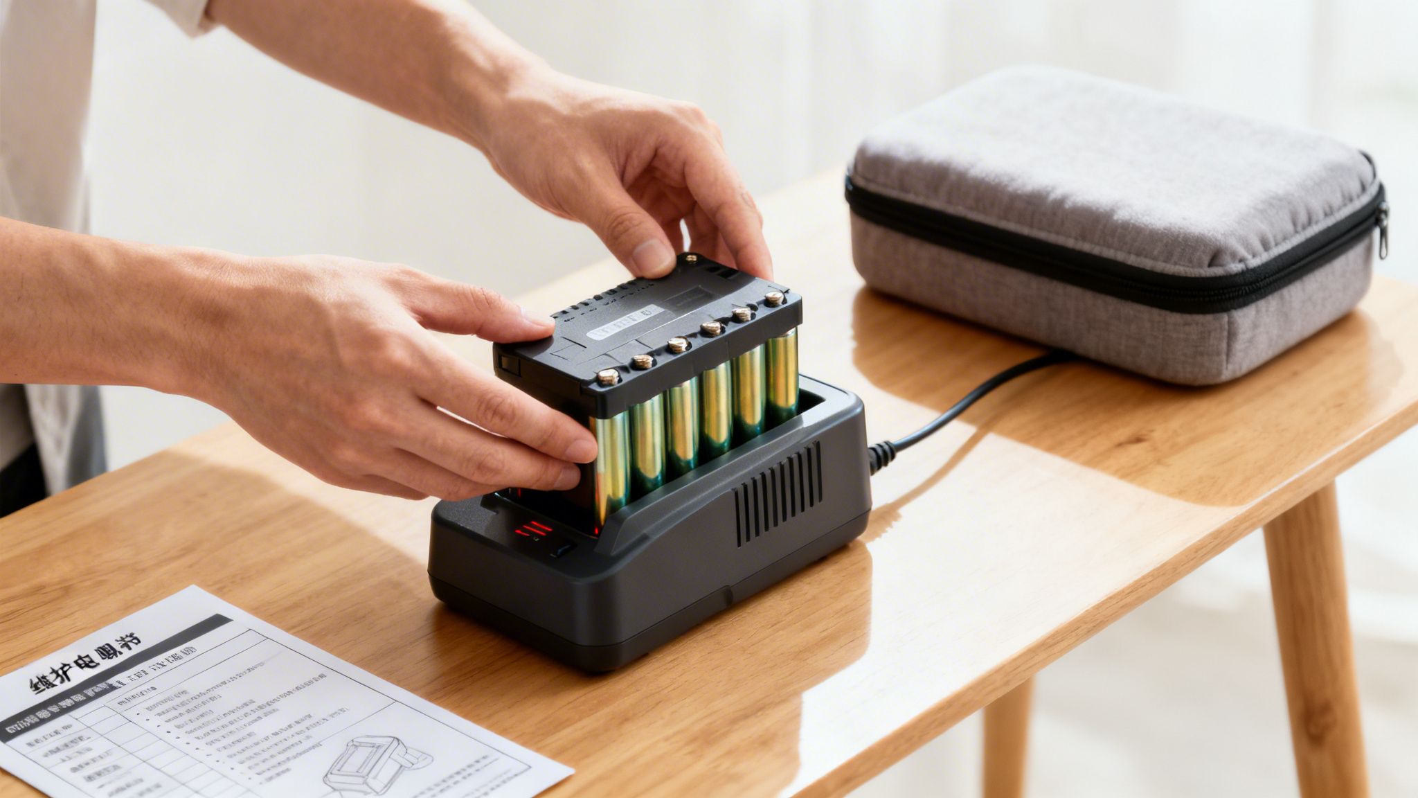 Close-up of hands inserting a rechargeable battery pack into a black charger on a wooden table.