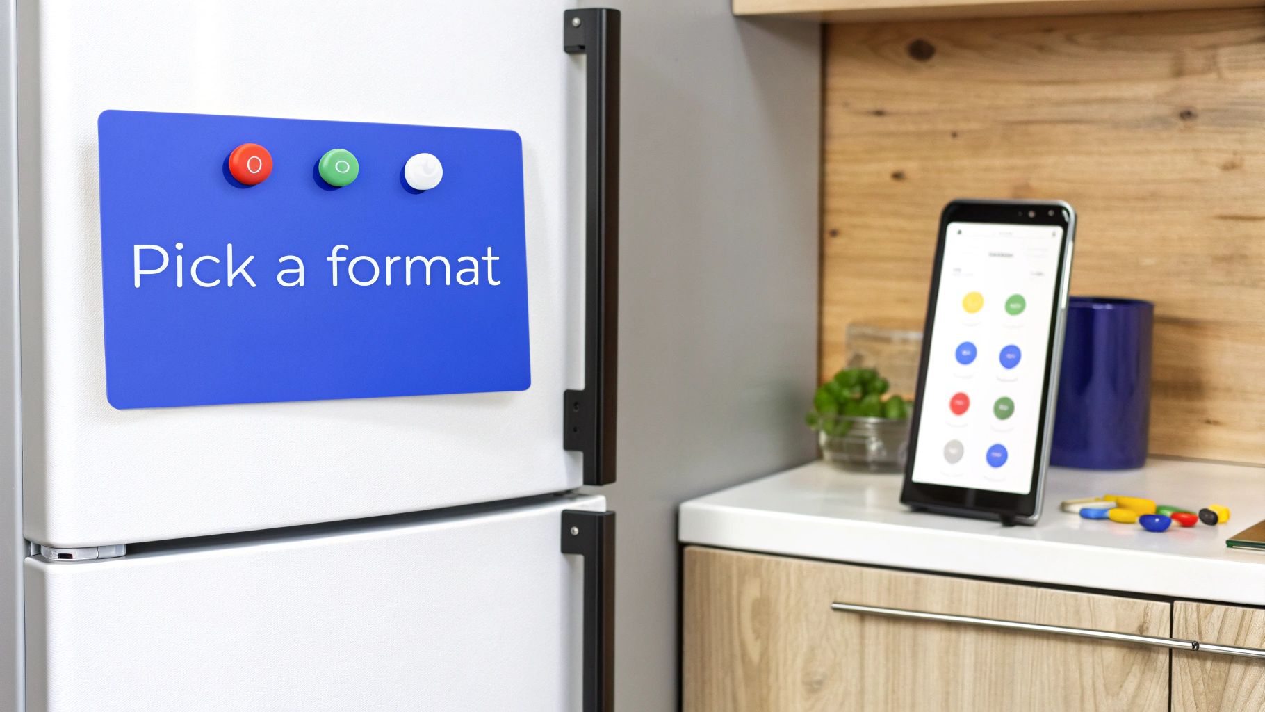 A blue 'Pick a format' sign on a refrigerator, beside a smartphone with a colorful app.