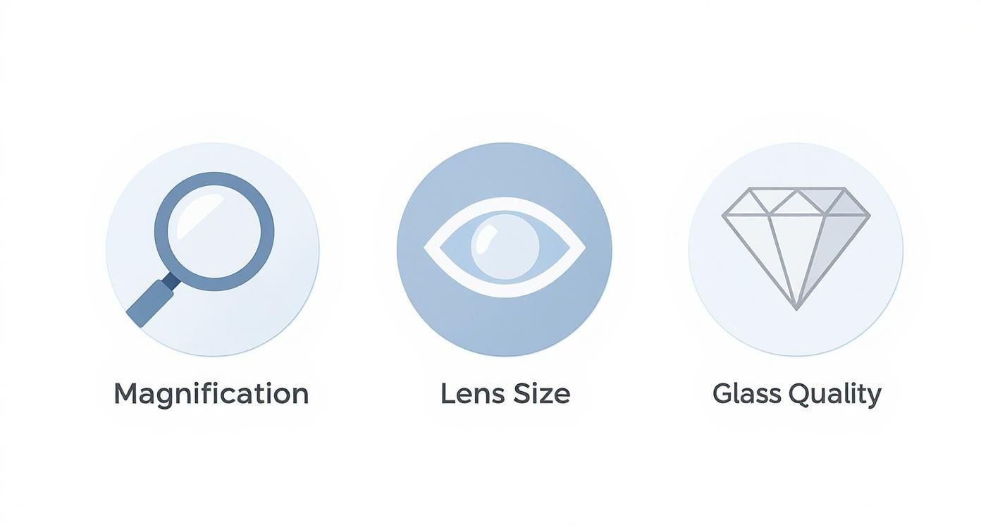 Three icons representing Magnification, Lens Size, and Glass Quality, illustrating key optical features.