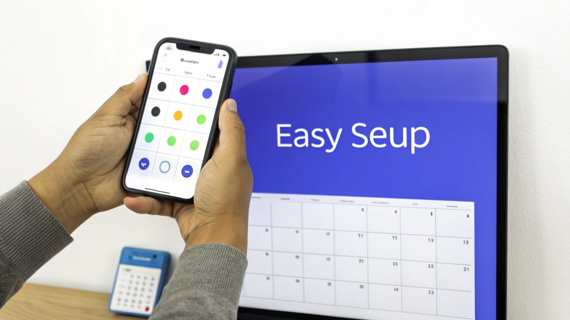 Hands holding an iPhone displaying a colorful app, with a monitor showing "Easy Setup" and a calendar.