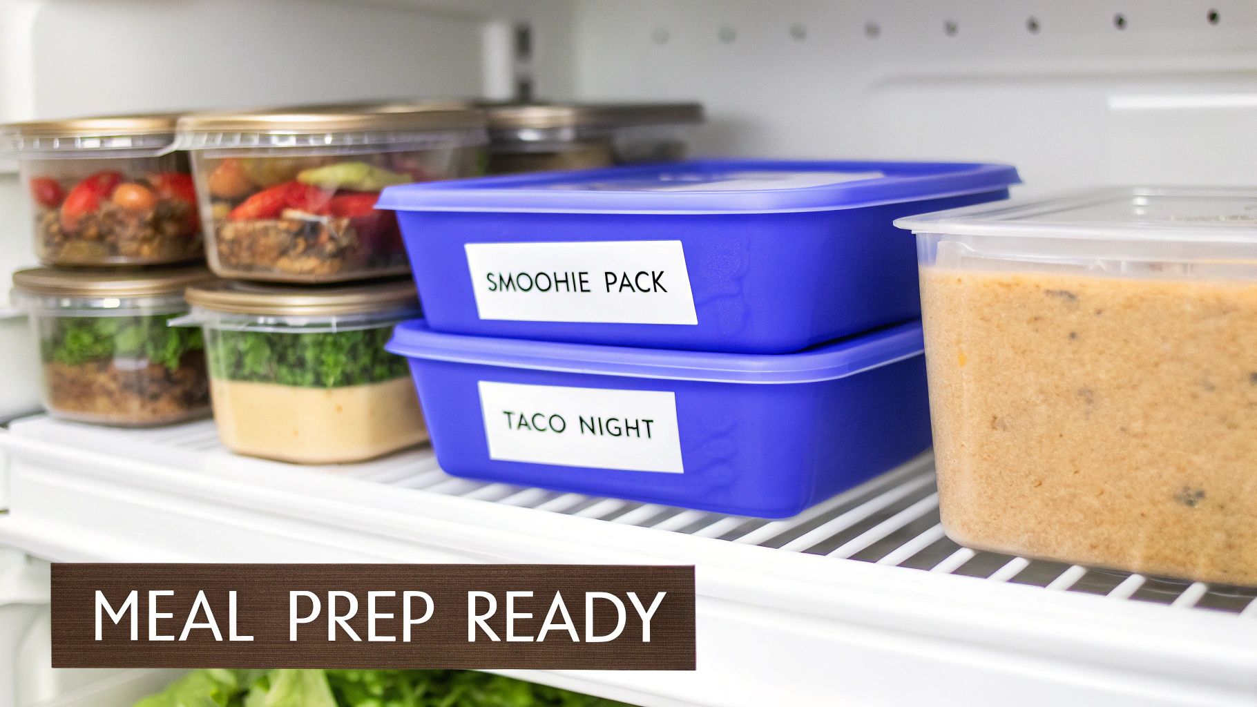 A refrigerator shelf showcasing various meal prep containers, including labeled blue bins for smoothies and taco night.