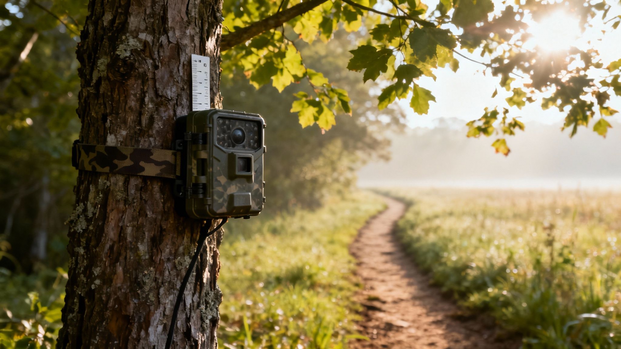 A camouflage trail camera strapped to a tree overlooks a misty, sunlit path through a field.