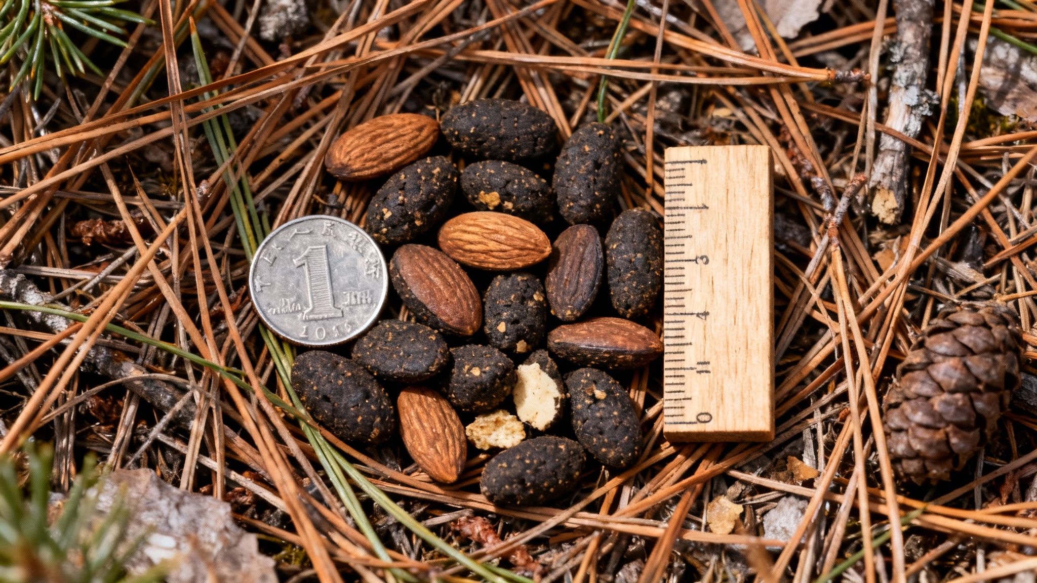 Elk scat pellets, almonds, a coin, and a ruler on pine needles for scale.
