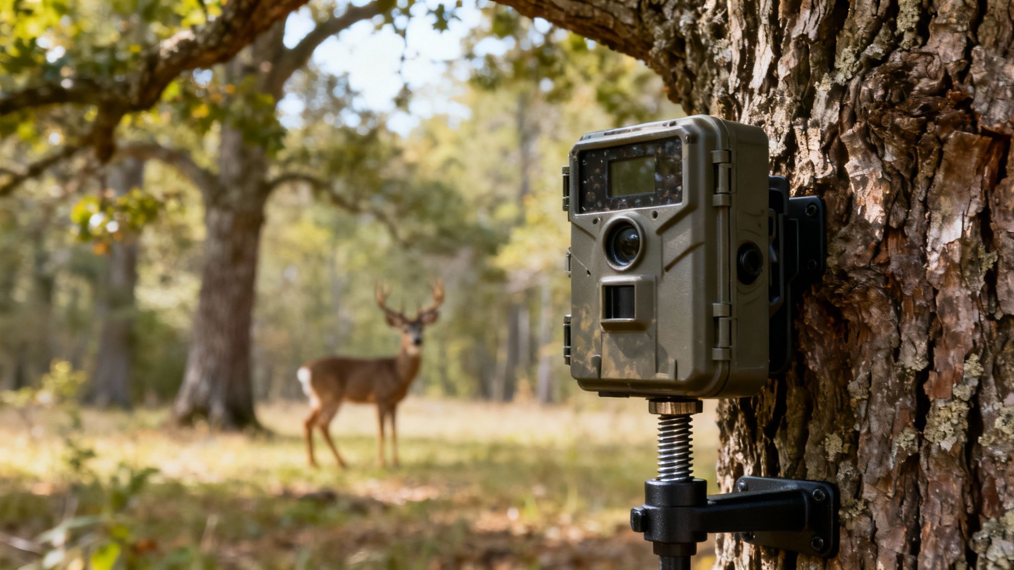 A game camera mounted on a tree captures a deer in a natural forest environment.