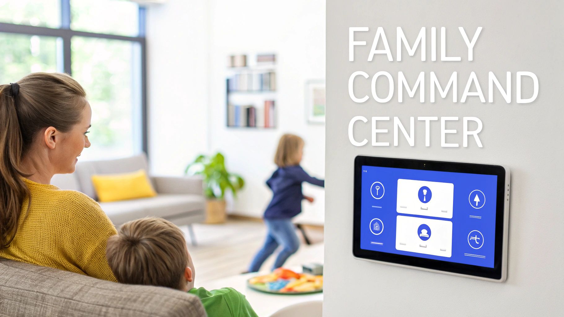 A family in a modern living room with a wall-mounted smart home command center tablet.
