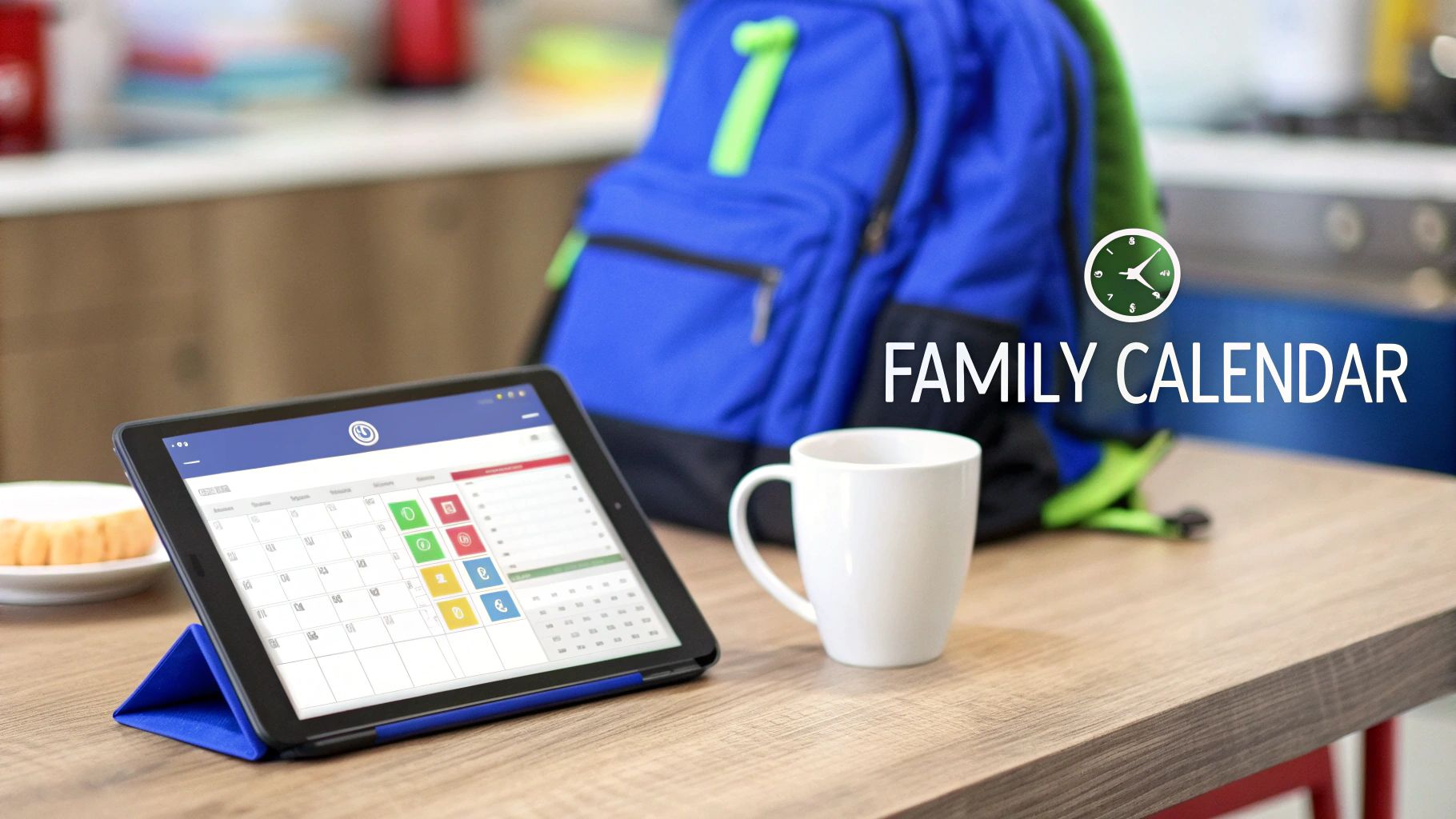 Tablet displaying a colorful family calendar app on a wooden table, next to a white mug and blue backpack.