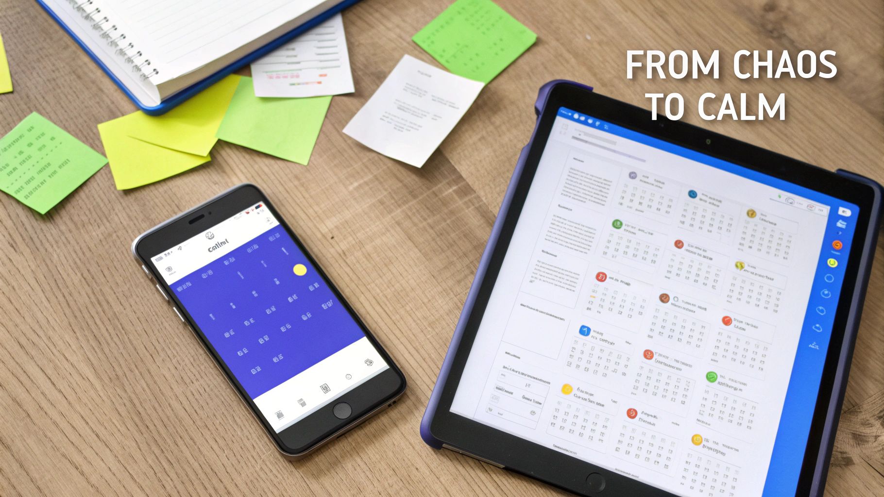 A smartphone and tablet display calendar apps on a wooden desk with sticky notes and a notebook, illustrating digital organization.