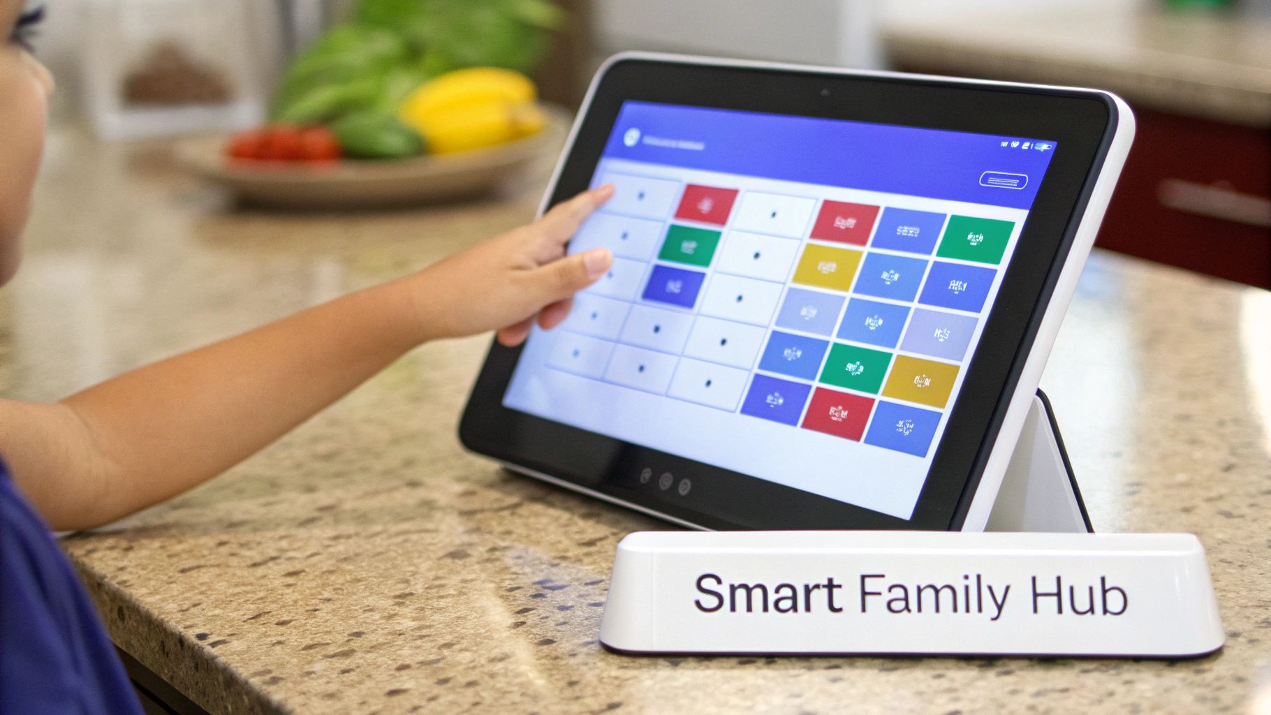 A child's hand interacts with a tablet displaying a colorful grid app on a kitchen counter.
