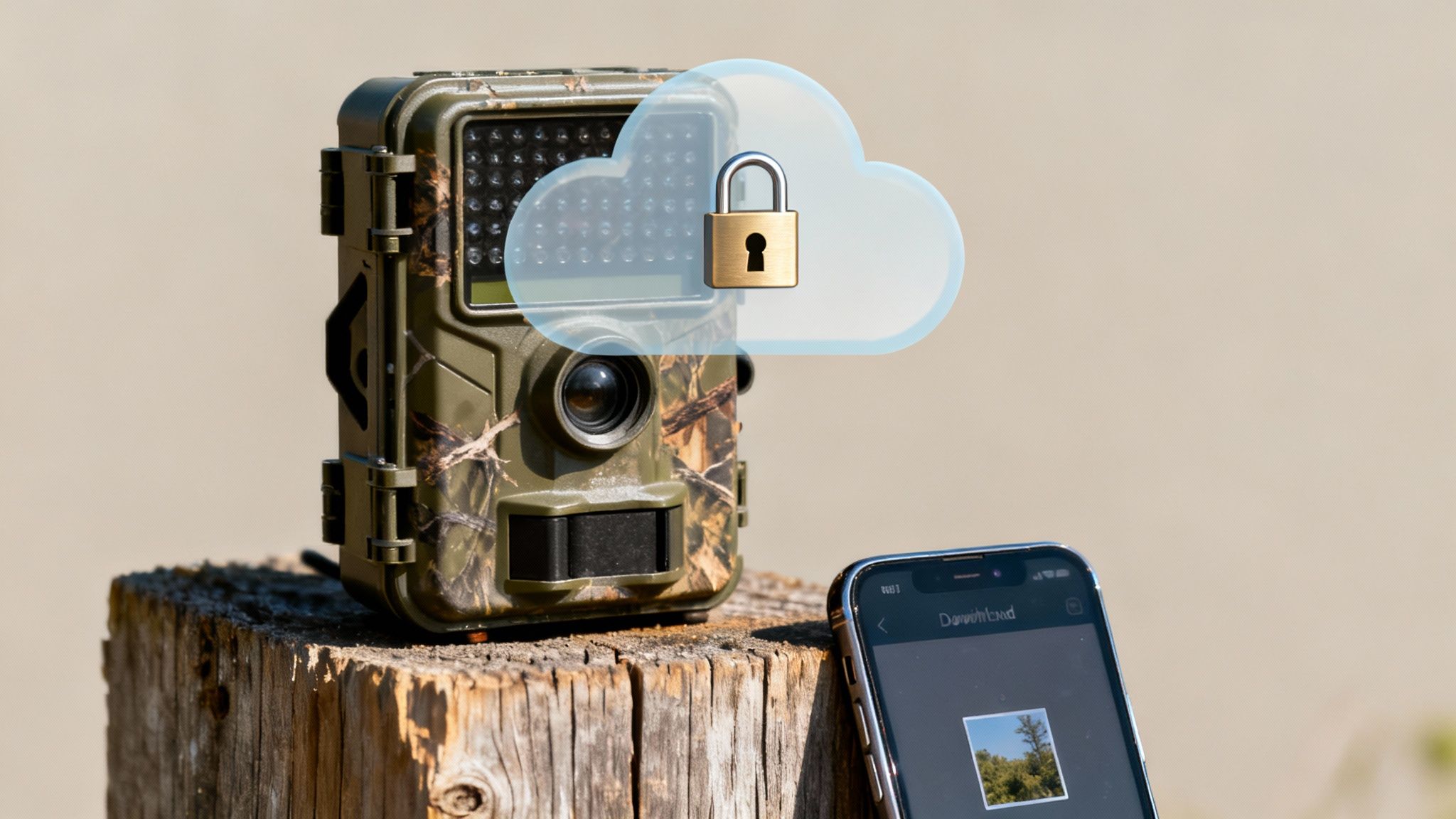 A camouflage cell camera on a wooden post with a secure cloud icon, next to a smartphone showing an image.