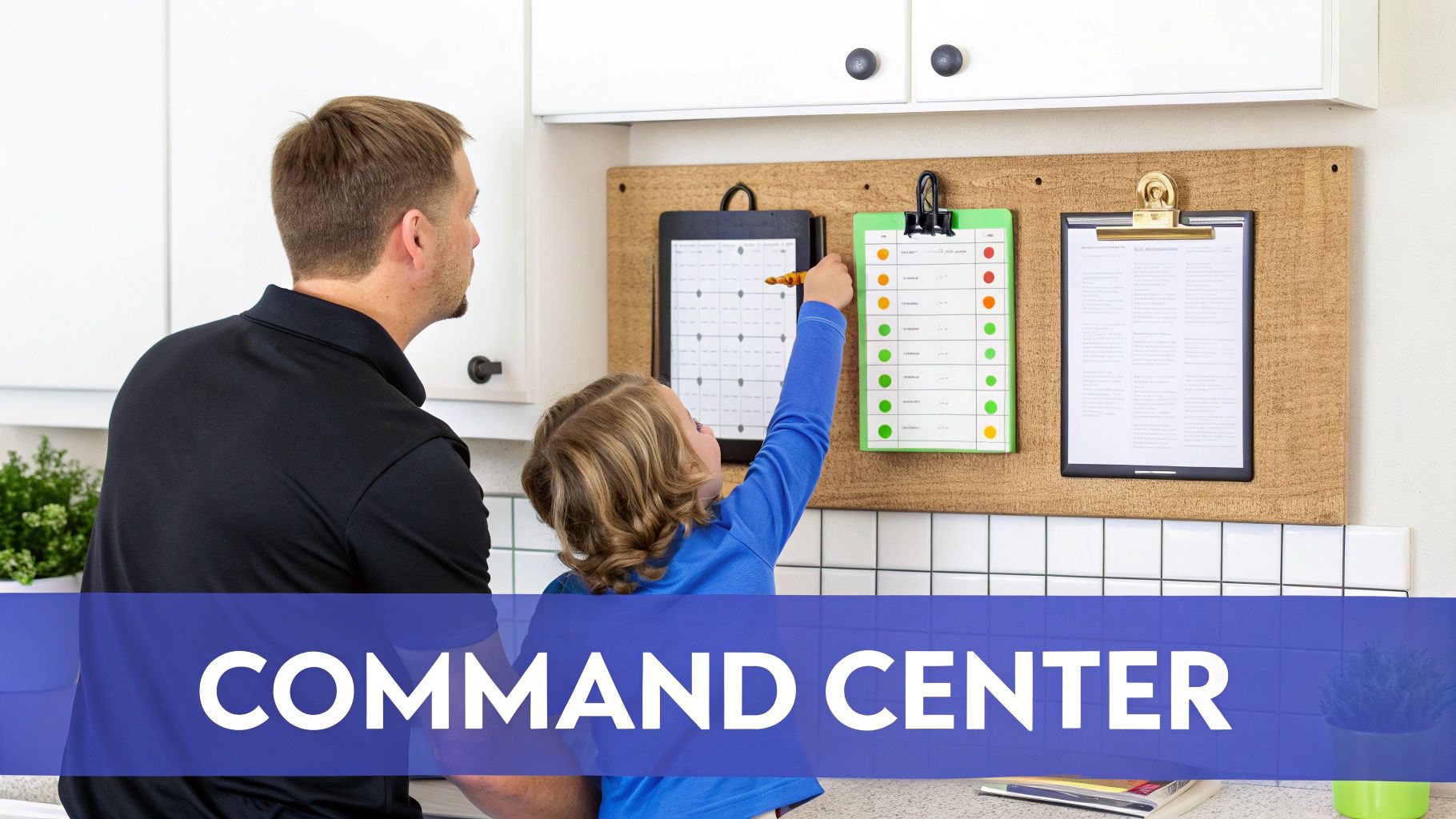 Father and child organizing tasks on a wall-mounted family command center in a kitchen.