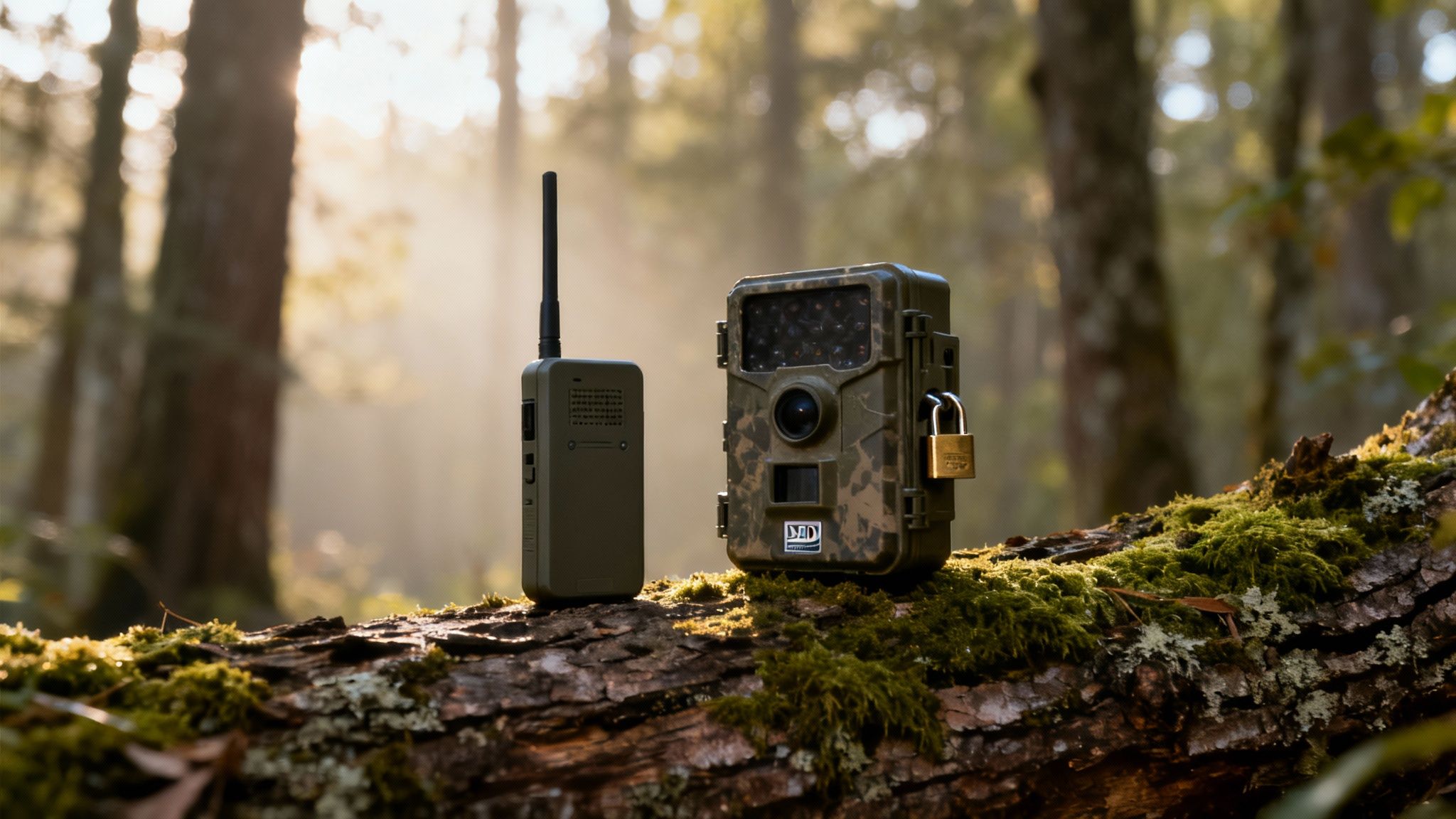 Two camouflage trail cameras and a radio on a mossy log in a sunny forest.