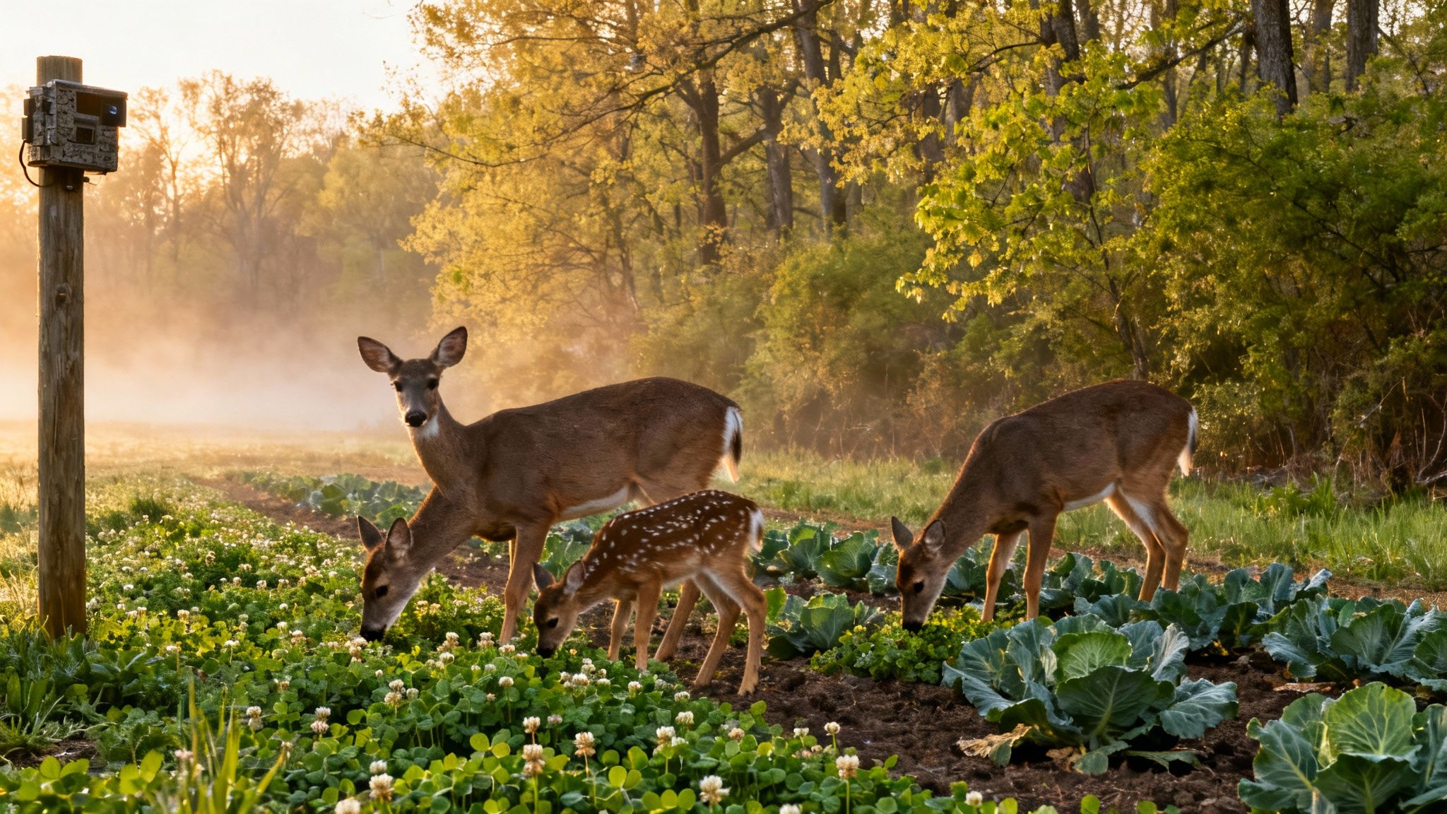 Three deer, including a spotted fawn, graze in a misty spring food plot at sunrise.