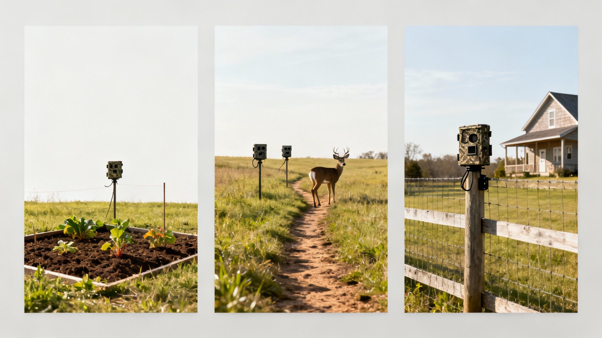 Trail cameras mounted on posts monitoring garden, deer path, and property fence for wildlife surveillance