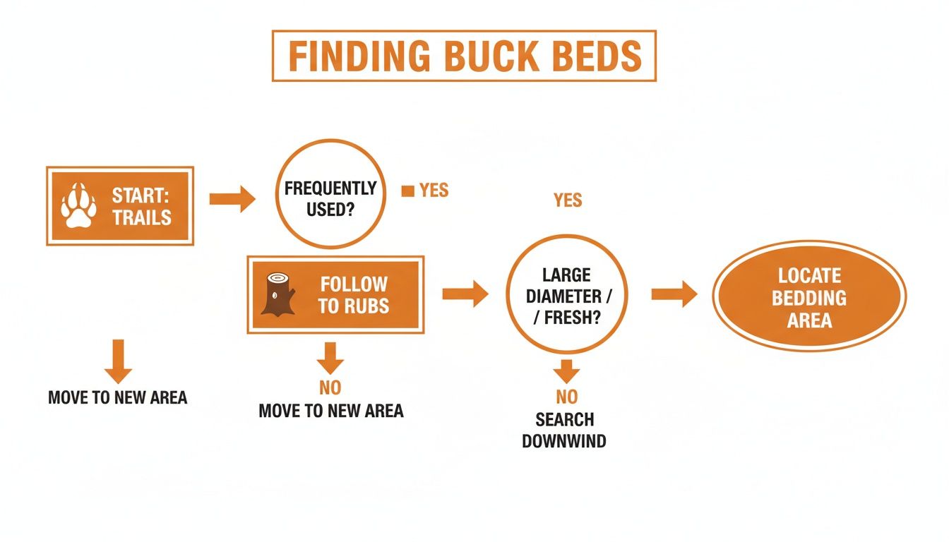 A flowchart titled 'Finding Buck Beds' guides users on how to locate deer bedding areas.