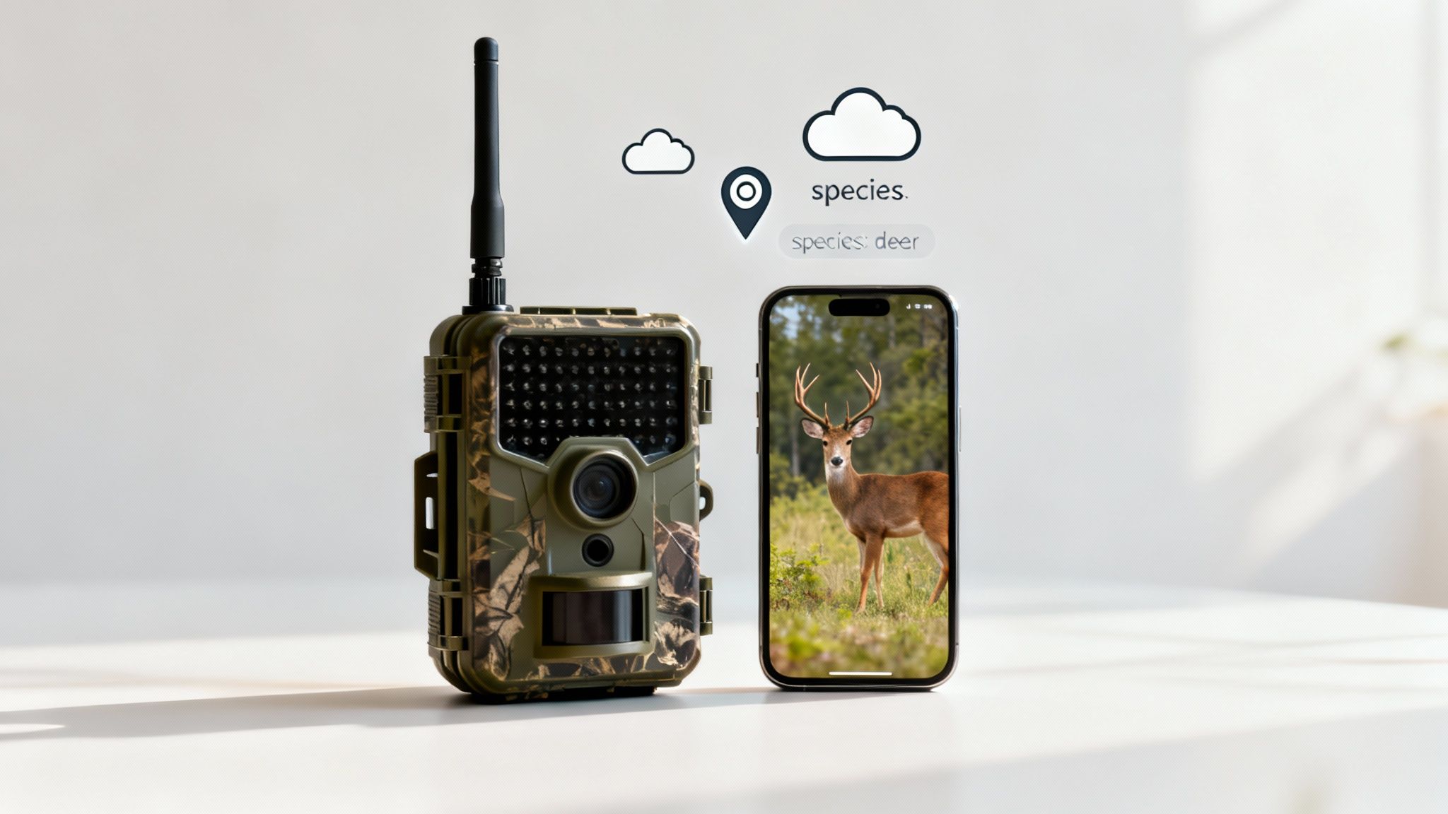 A camouflage motion-activated game camera next to a smartphone displaying a captured deer image.