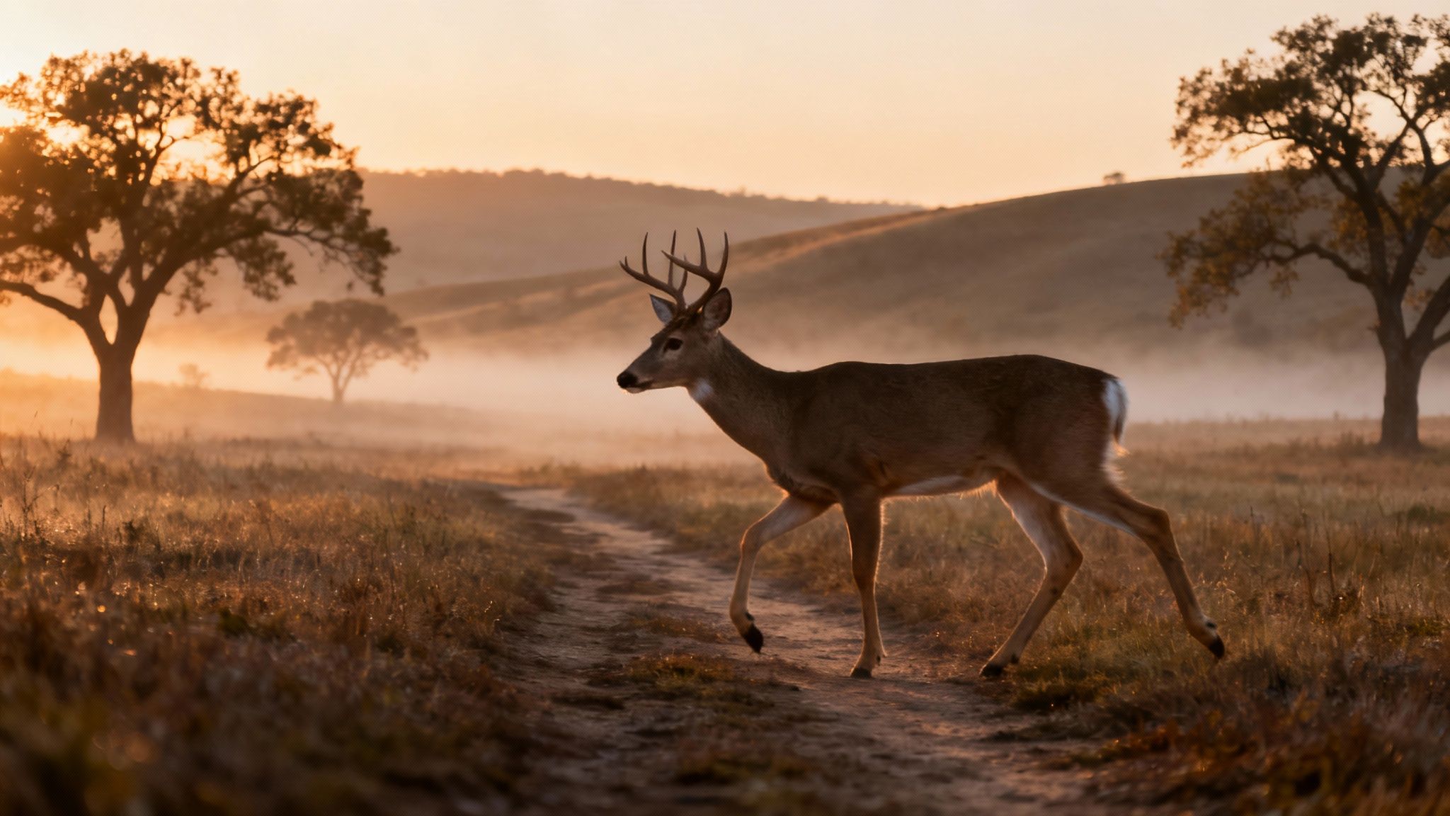 A majestic buck with antlers walks on a misty path at sunrise, with trees silhouetted.