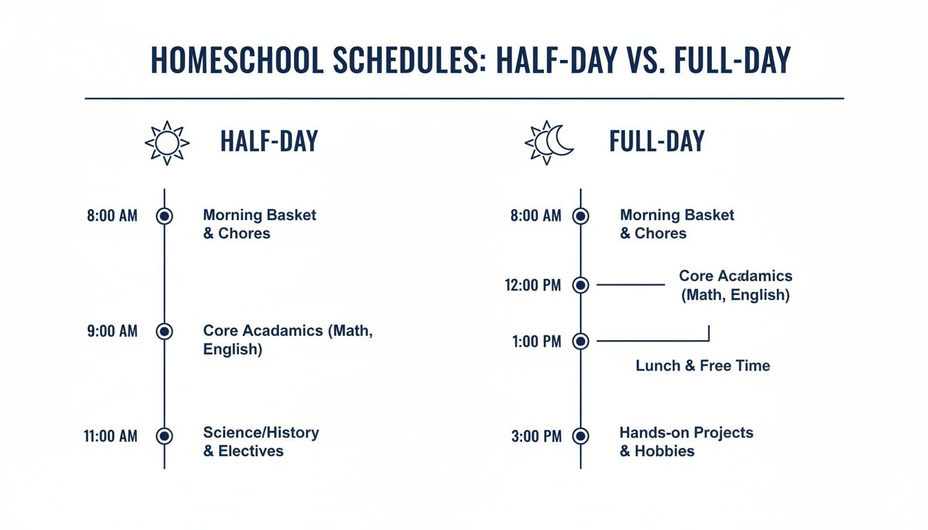 Two homeschool schedules: a half-day routine with morning academics, and a full-day schedule including projects and hobbies.