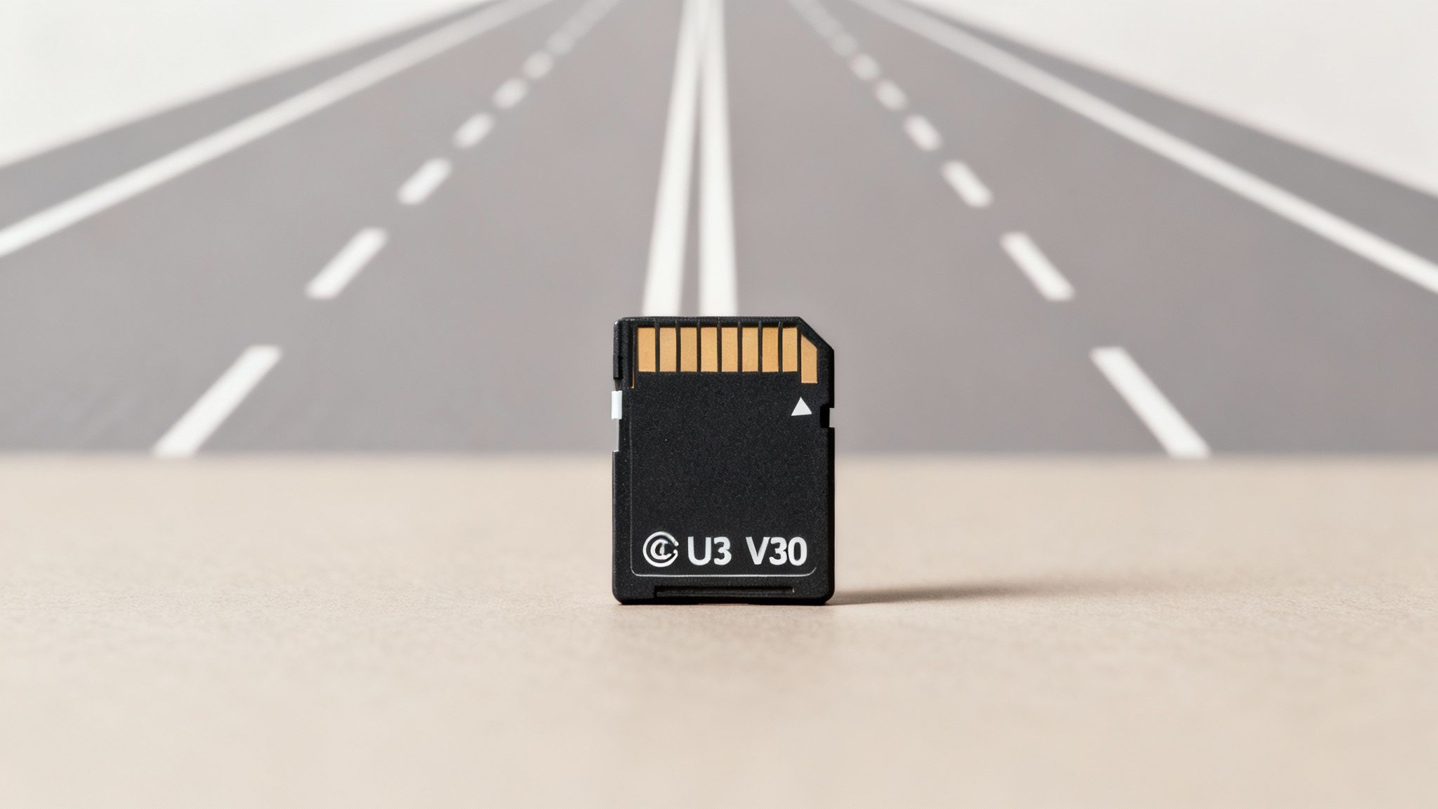 A black SD card stands upright on a light surface, with a blurred road receding in the background.